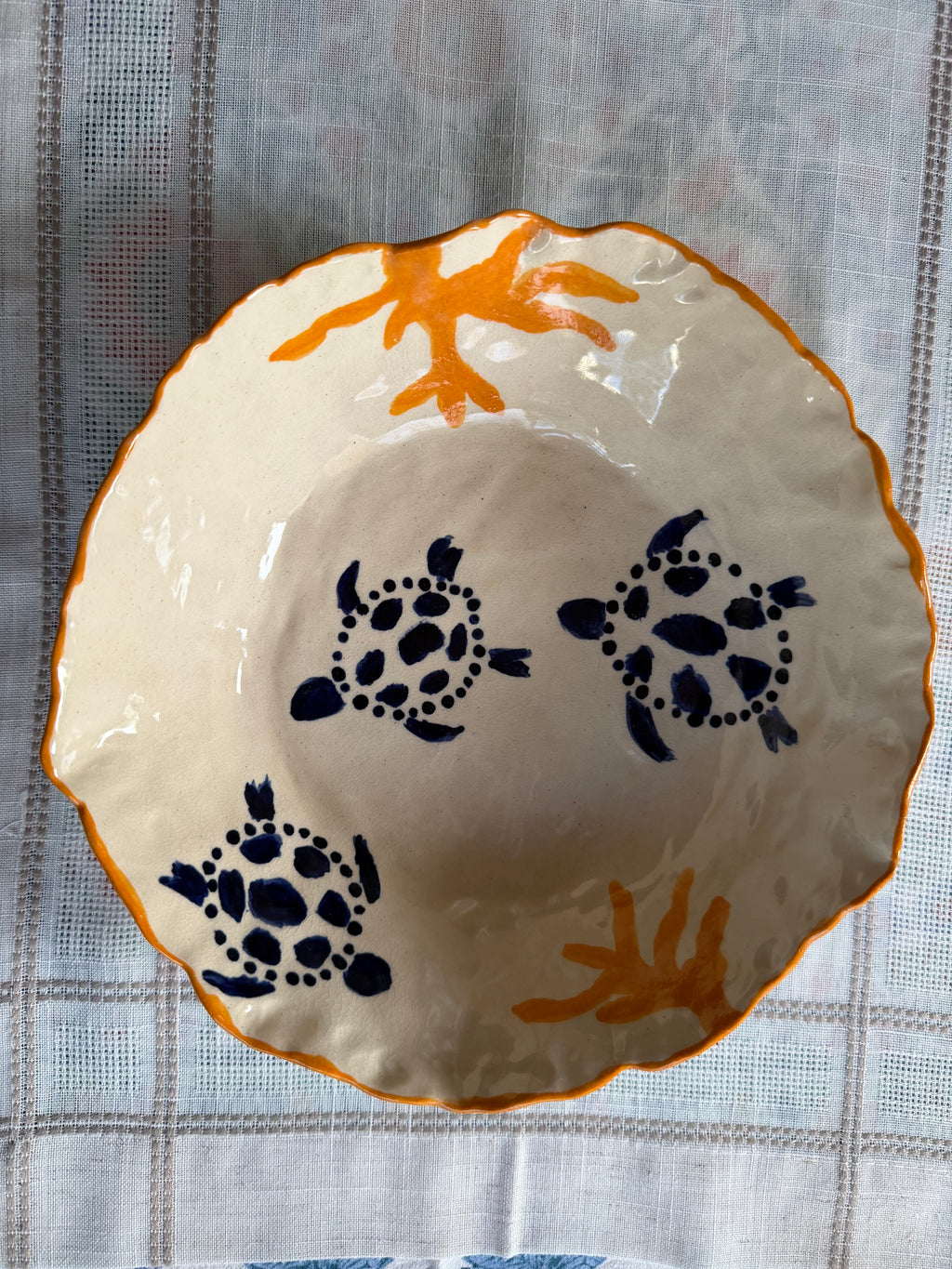 Handmade Ocean Motif Serving Bowl | Hand-Pinched Ceramic | Coral & Sea Turtle