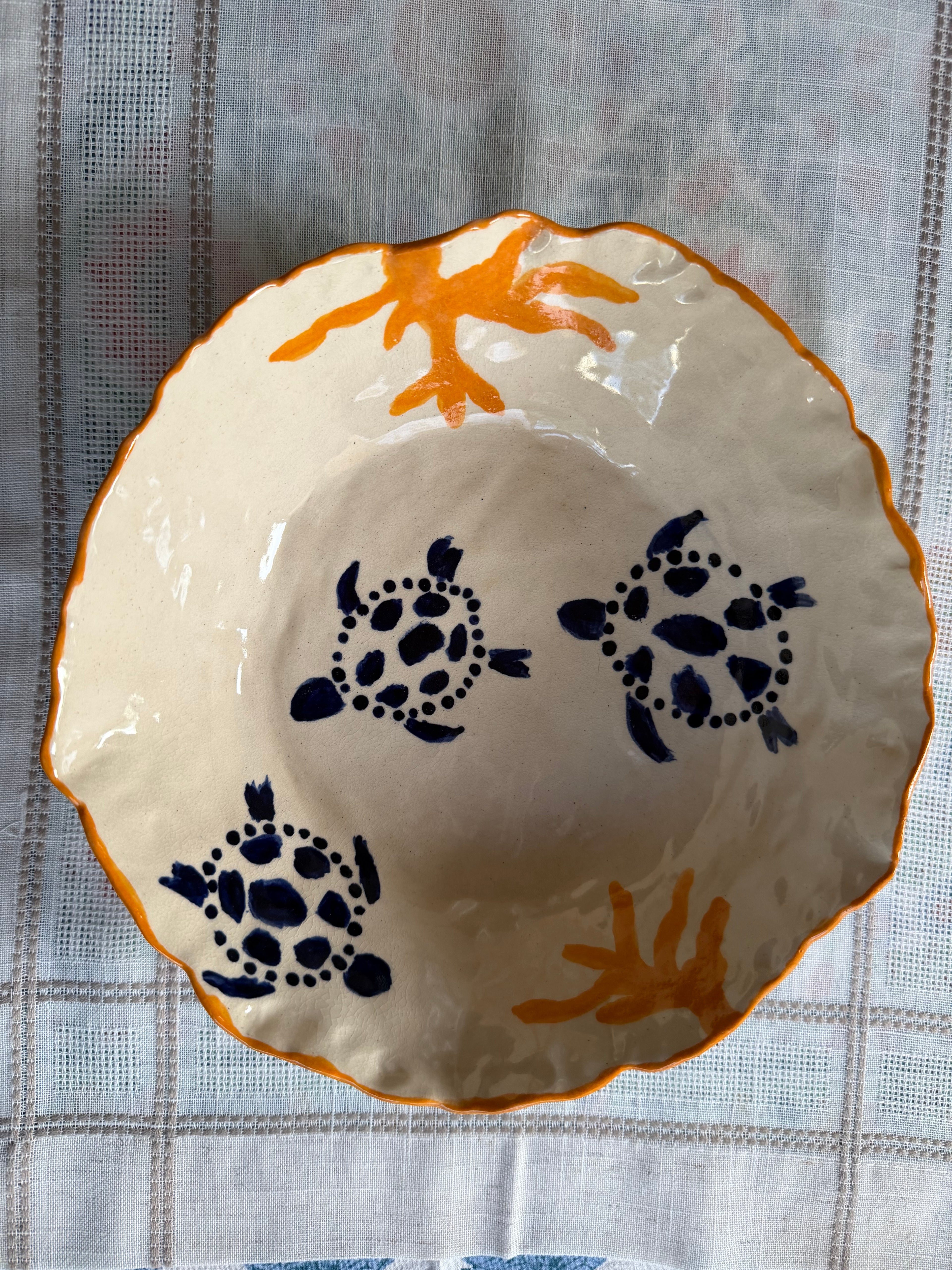 Handmade Ocean Motif Serving Bowl | Hand-Pinched Ceramic | Coral & Sea Turtle