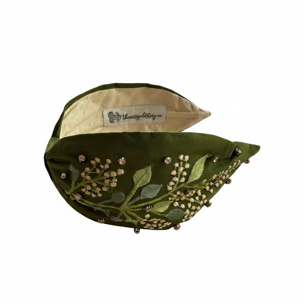 Handcrafted Forest Green Floral Crystal Embellished Headband