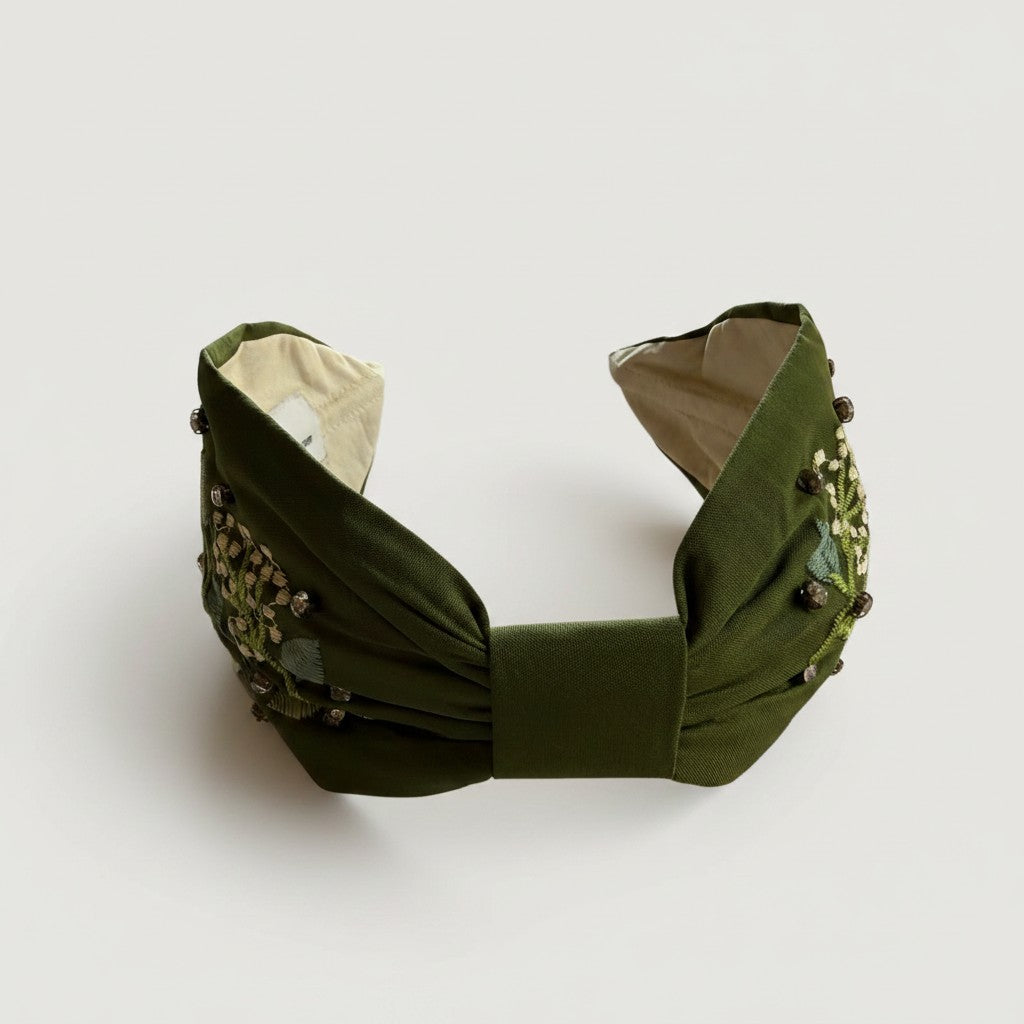 Handcrafted Forest Green Floral Crystal Embellished Headband