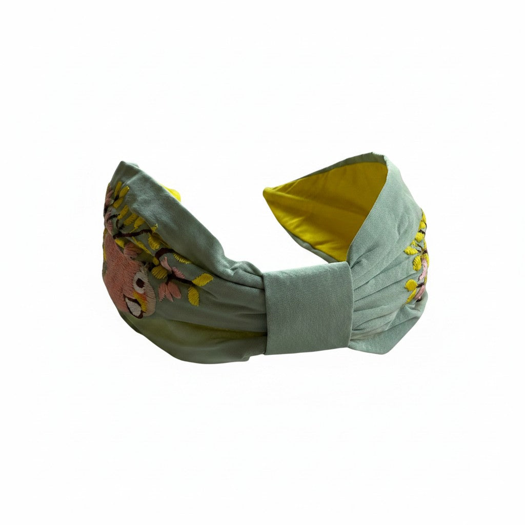 Handcrafted Sage Green Embroidered Bird Headband
