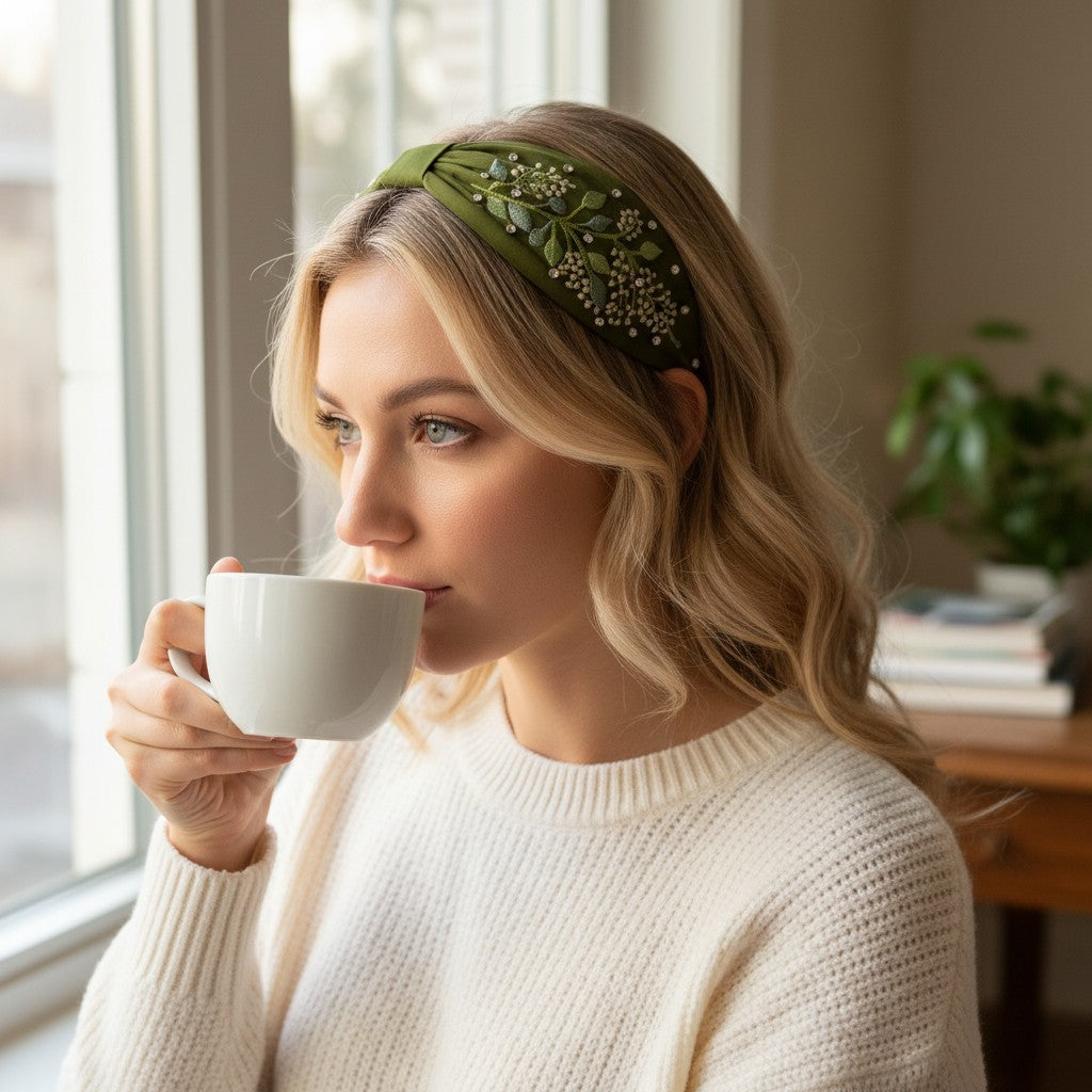 Handcrafted Forest Green Floral Crystal Embellished Headband