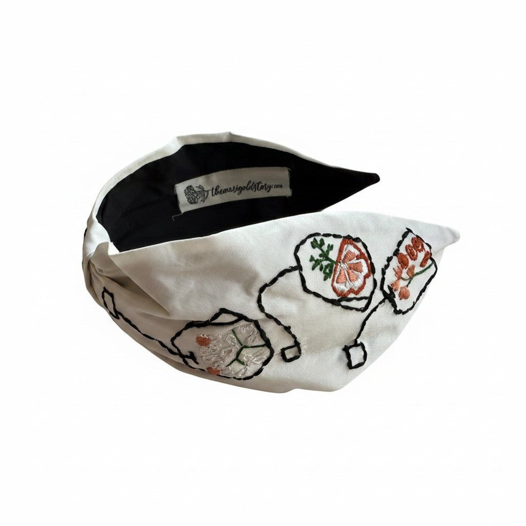 Handcrafted White Tea Bag Embroidered Headband