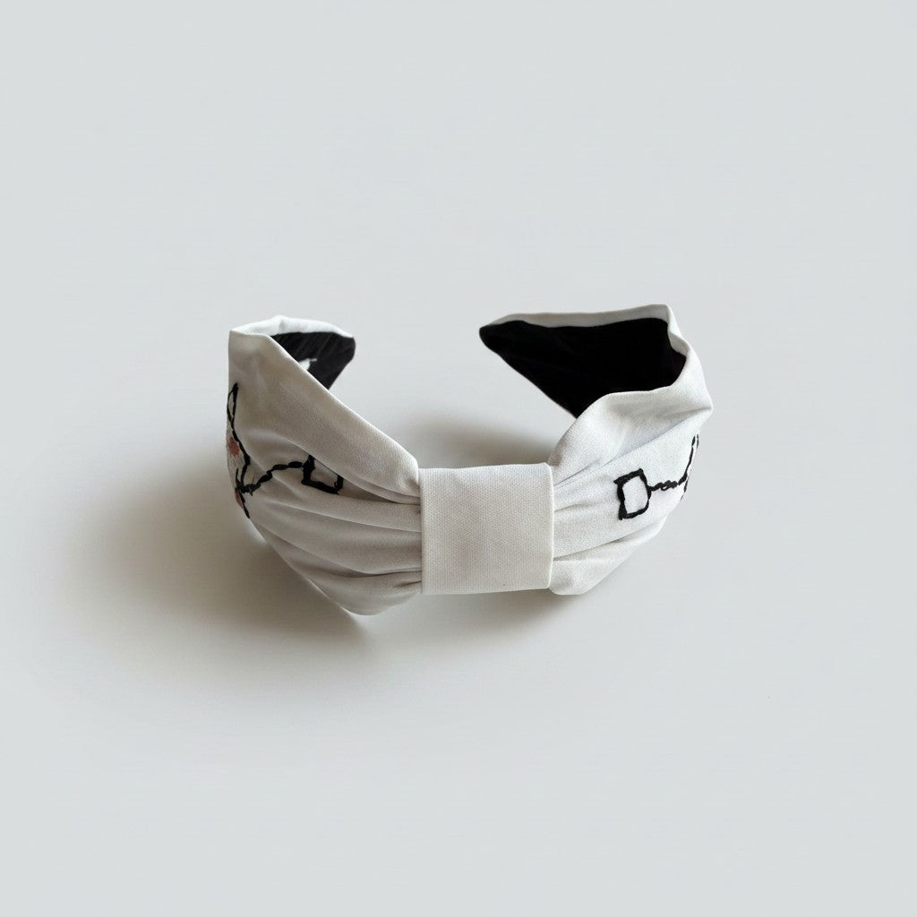 Handcrafted White Tea Bag Embroidered Headband