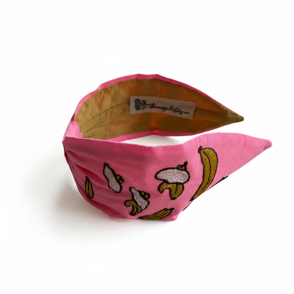 Handcrafted Pink Banana Embroidered Headband