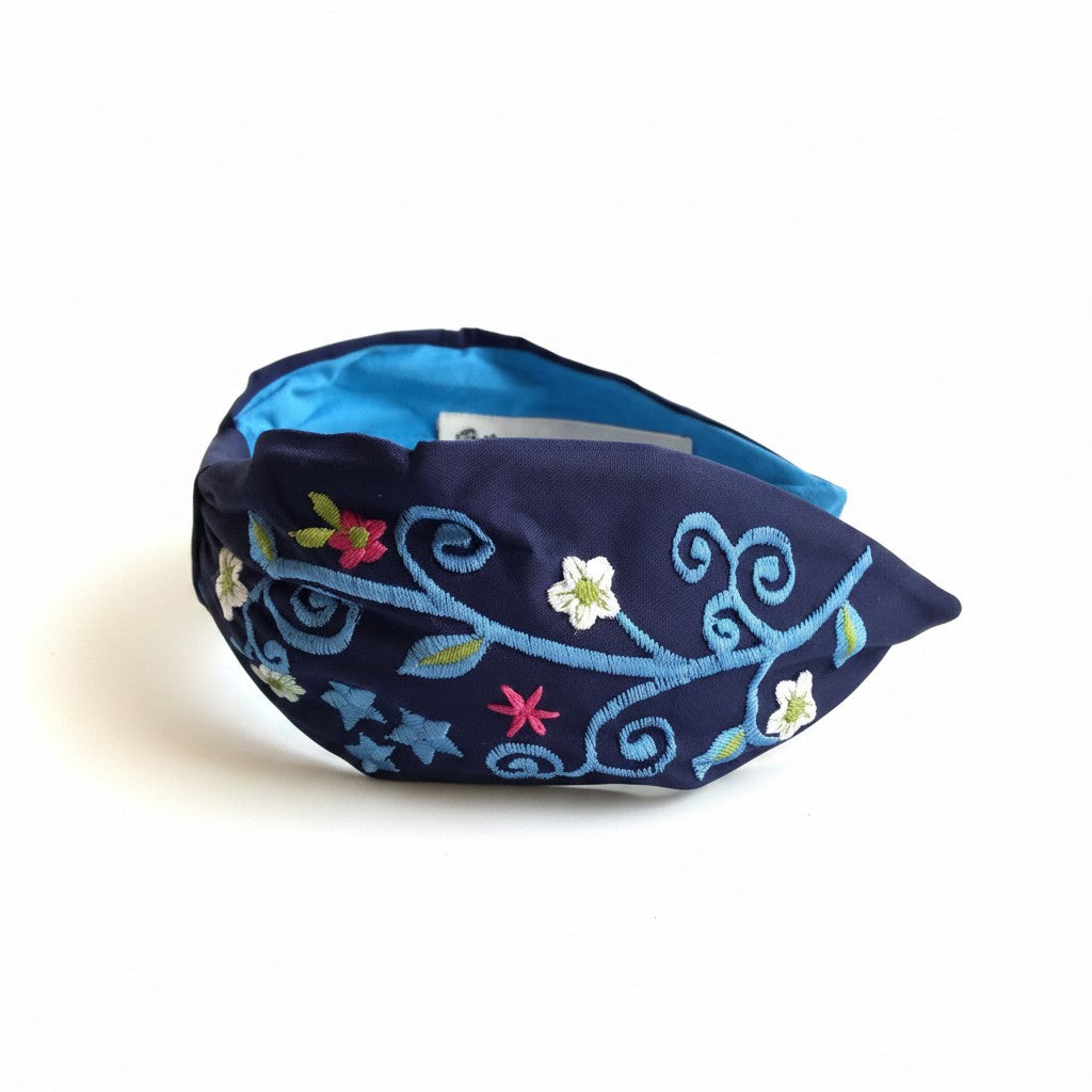 Handcrafted Navy Blue Floral Scroll Embroidered Headband