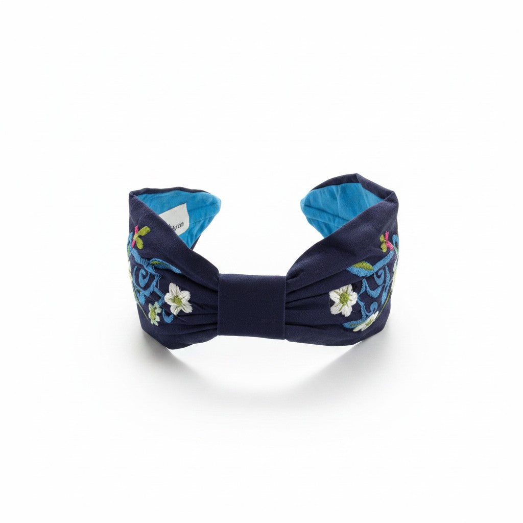 Handcrafted Navy Blue Floral Scroll Embroidered Headband