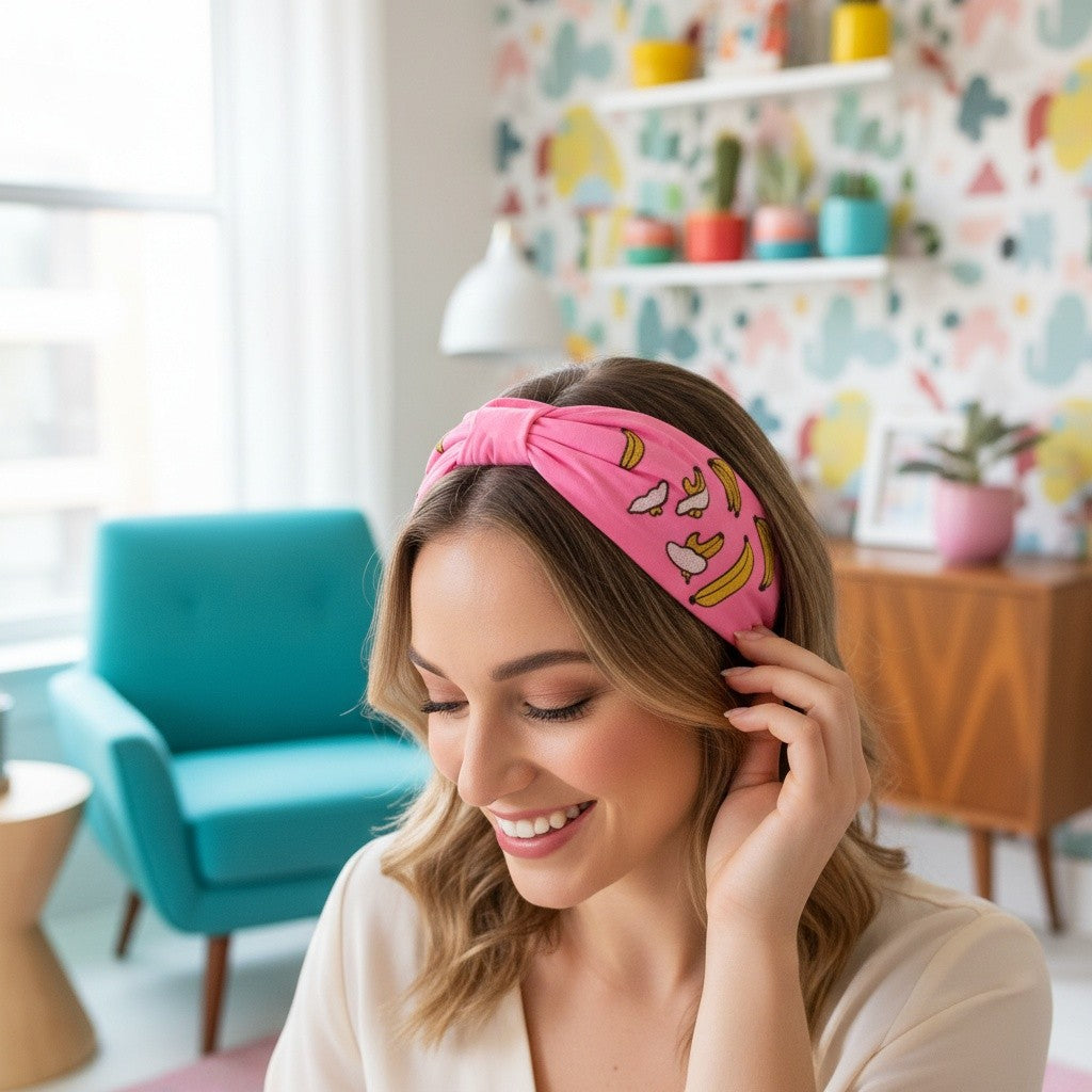 Handcrafted Pink Banana Embroidered Headband