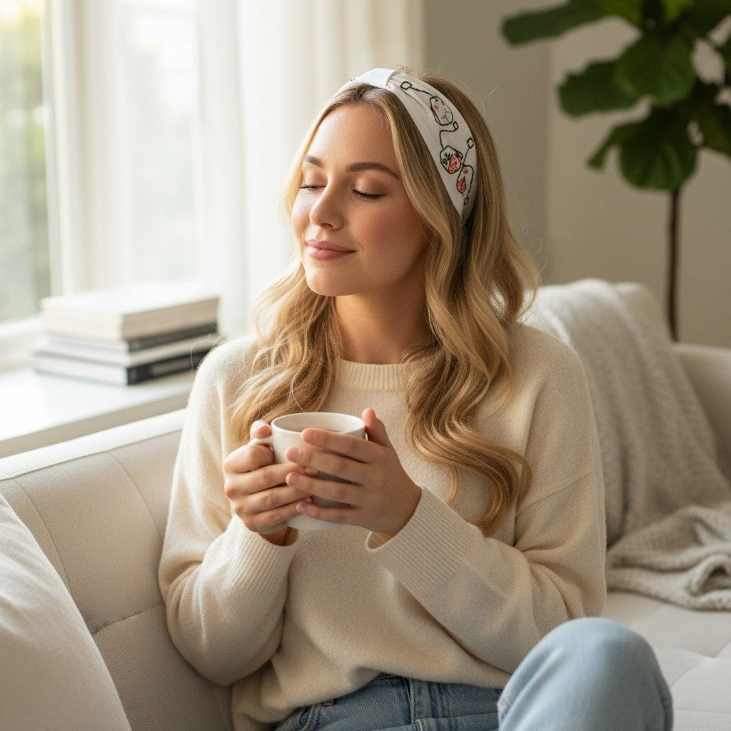 Handcrafted White Tea Bag Embroidered Headband