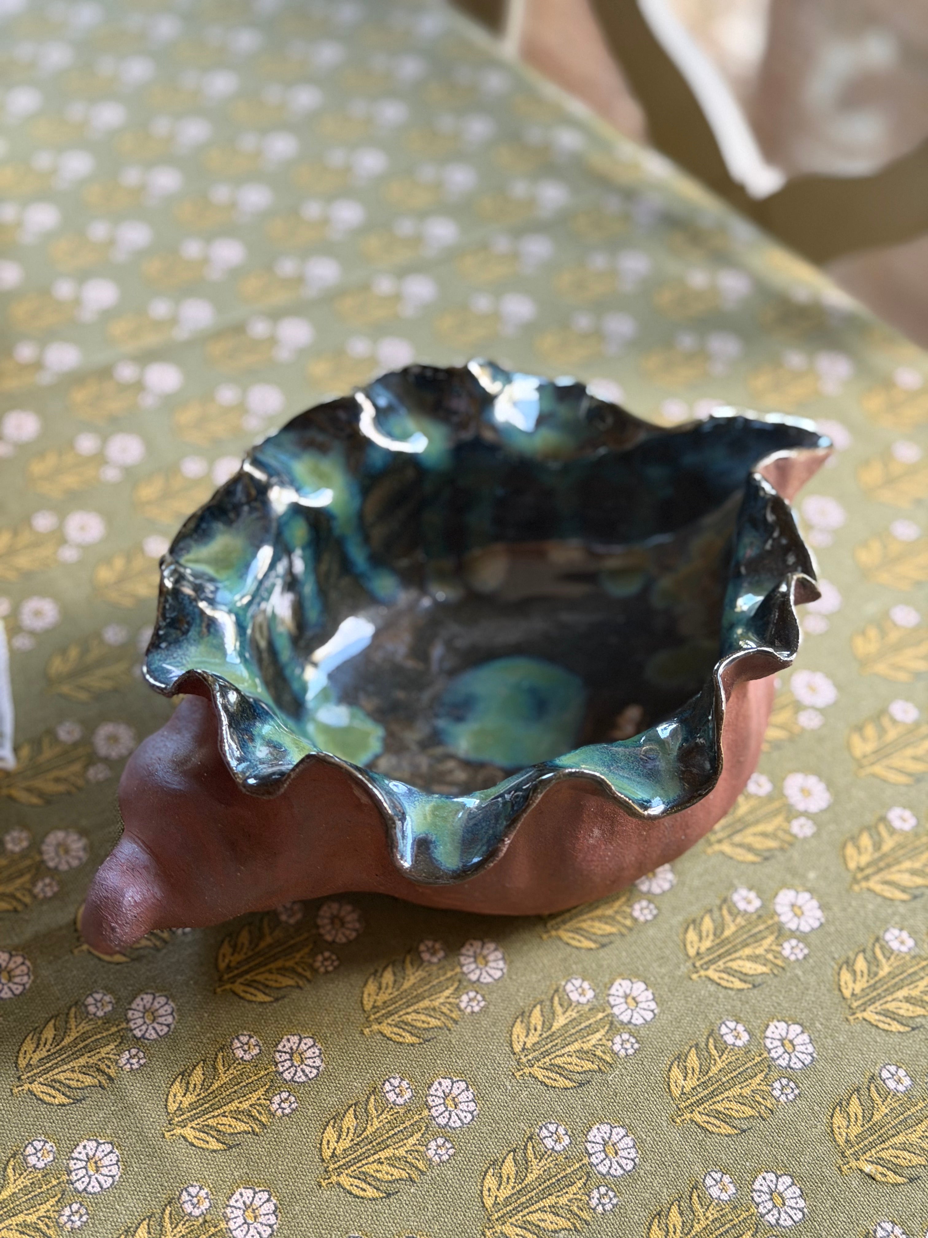 Handmade Green Shell Bowl | Decorative Ceramic | Stoneware
