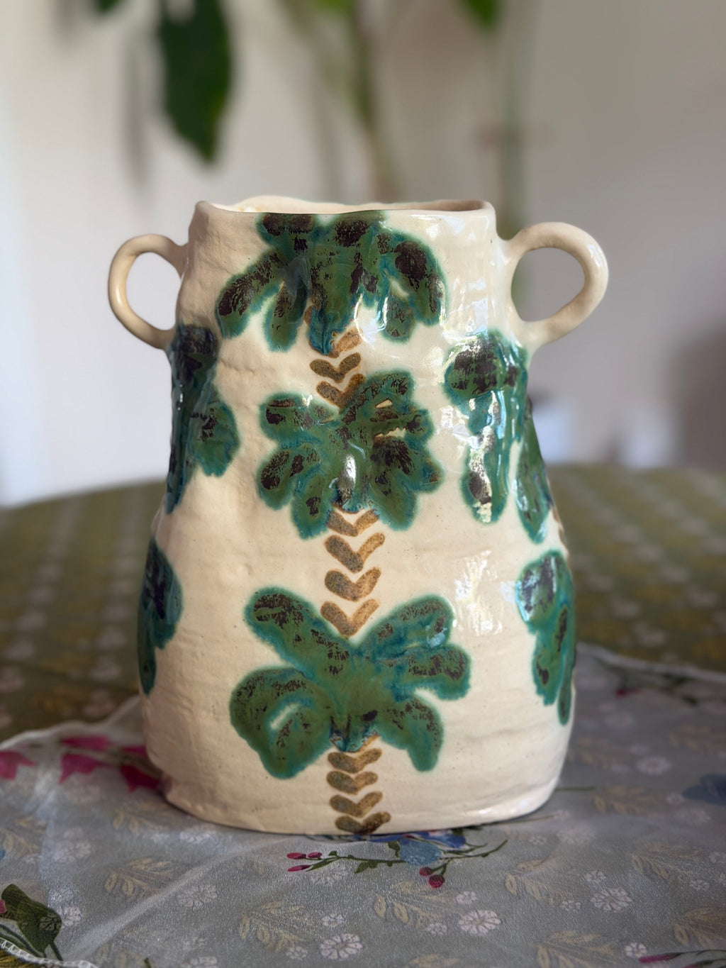 Handmade Ceramic Palm Botanical Vase | Hand-Painted Artisan Vase