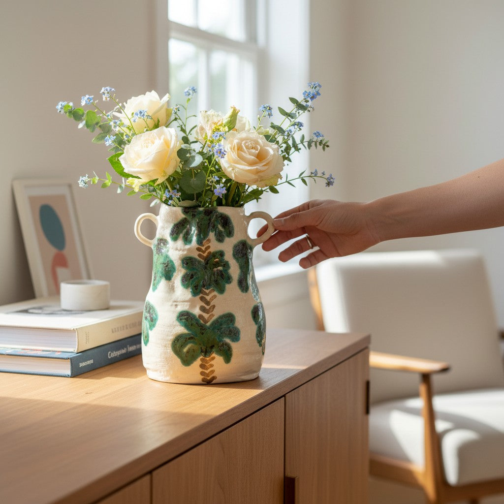 Handmade Ceramic Palm Botanical Vase | Hand-Painted Artisan Vase