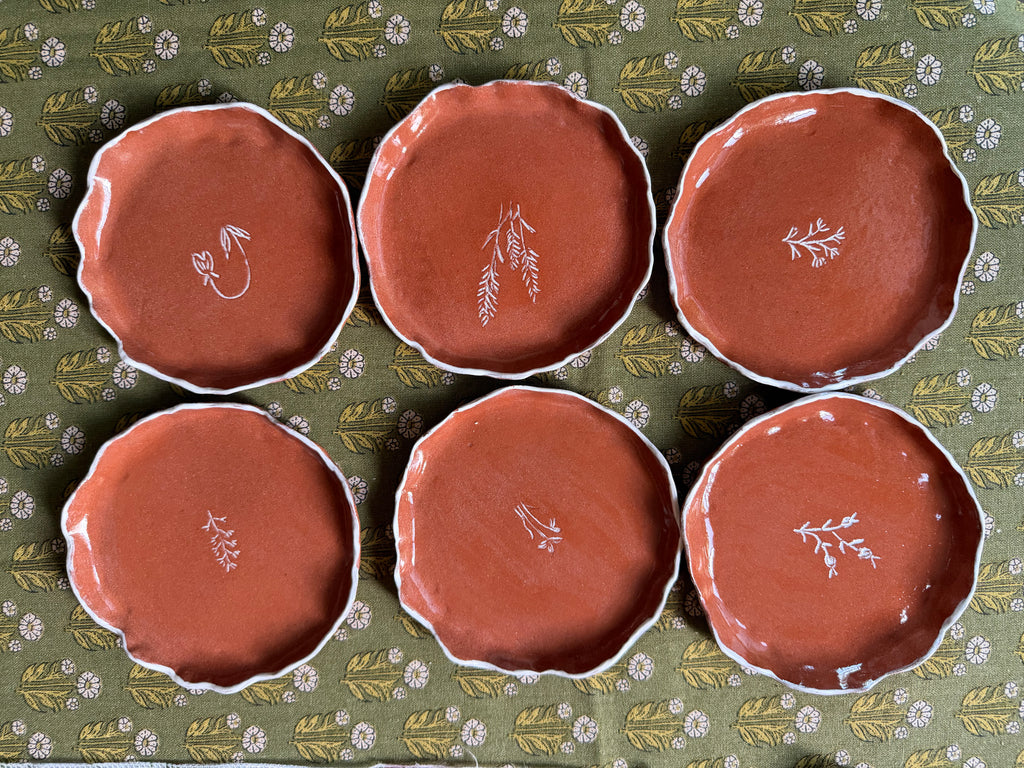 Handmade Terracotta Serving Platter, Cheese Board & 6 Snack Plates Set | Red Clay Ceramic
