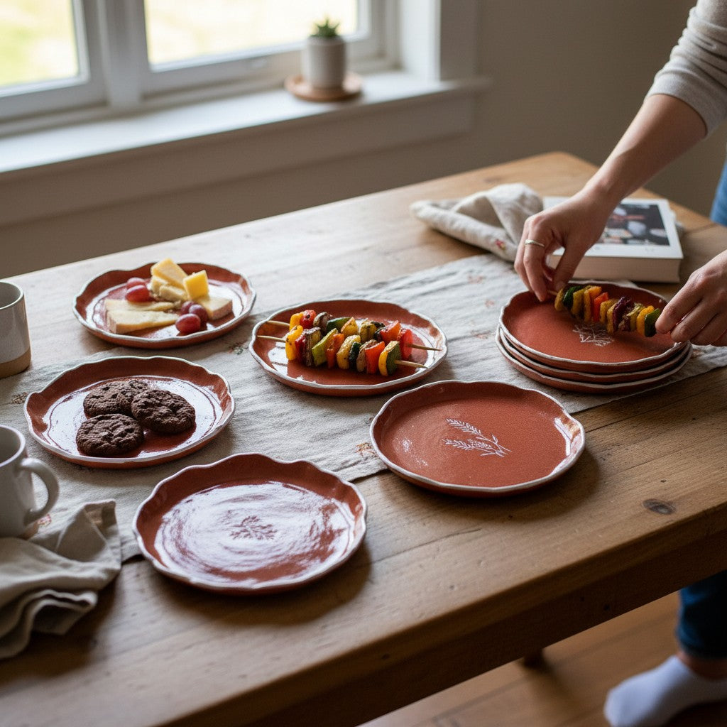 Handmade Terracotta Serving Platter, Cheese Board & 6 Snack Plates Set | Red Clay Ceramic