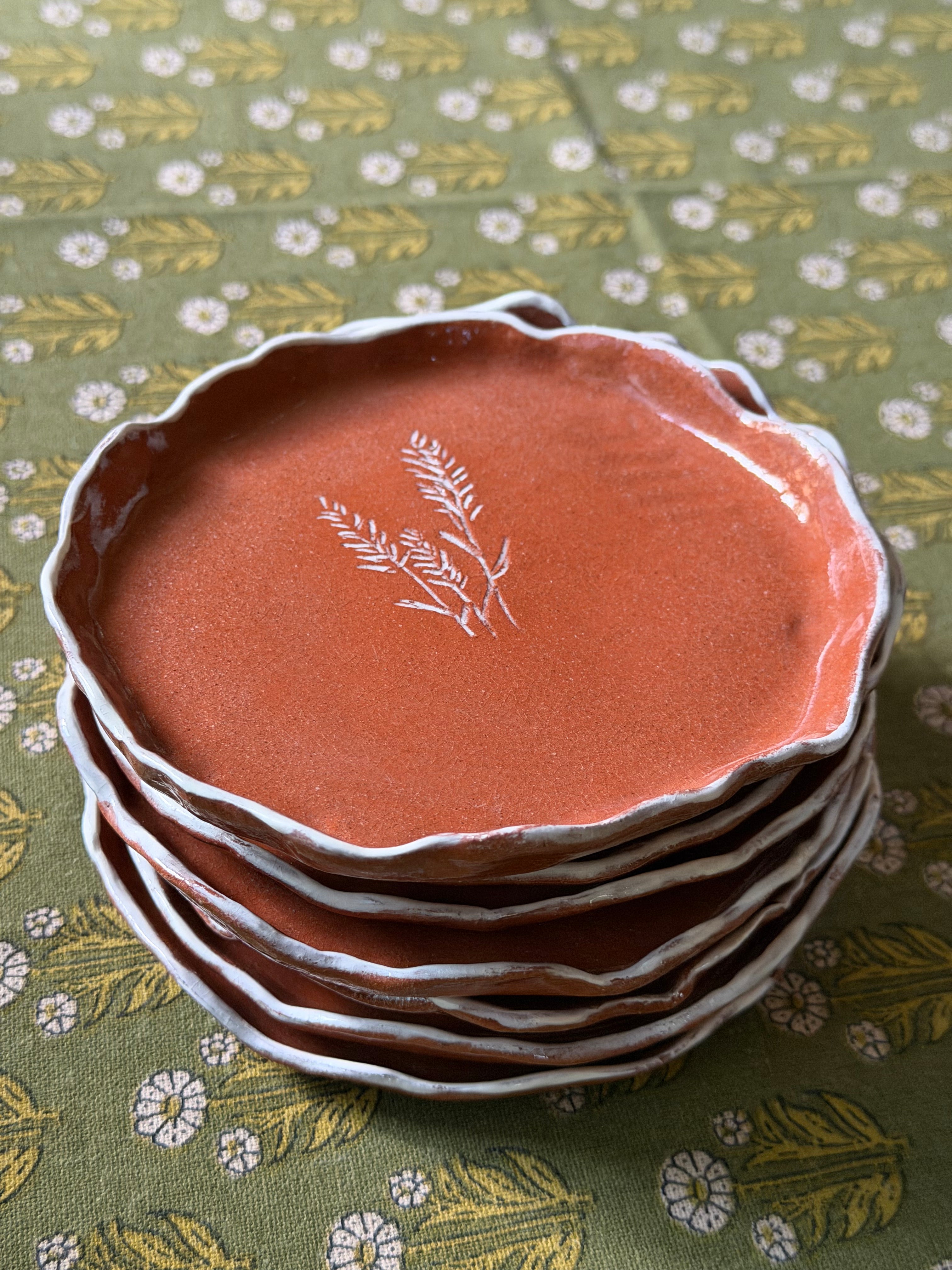 Handmade Terracotta Serving Platter, Cheese Board & 6 Snack Plates Set | Red Clay Ceramic