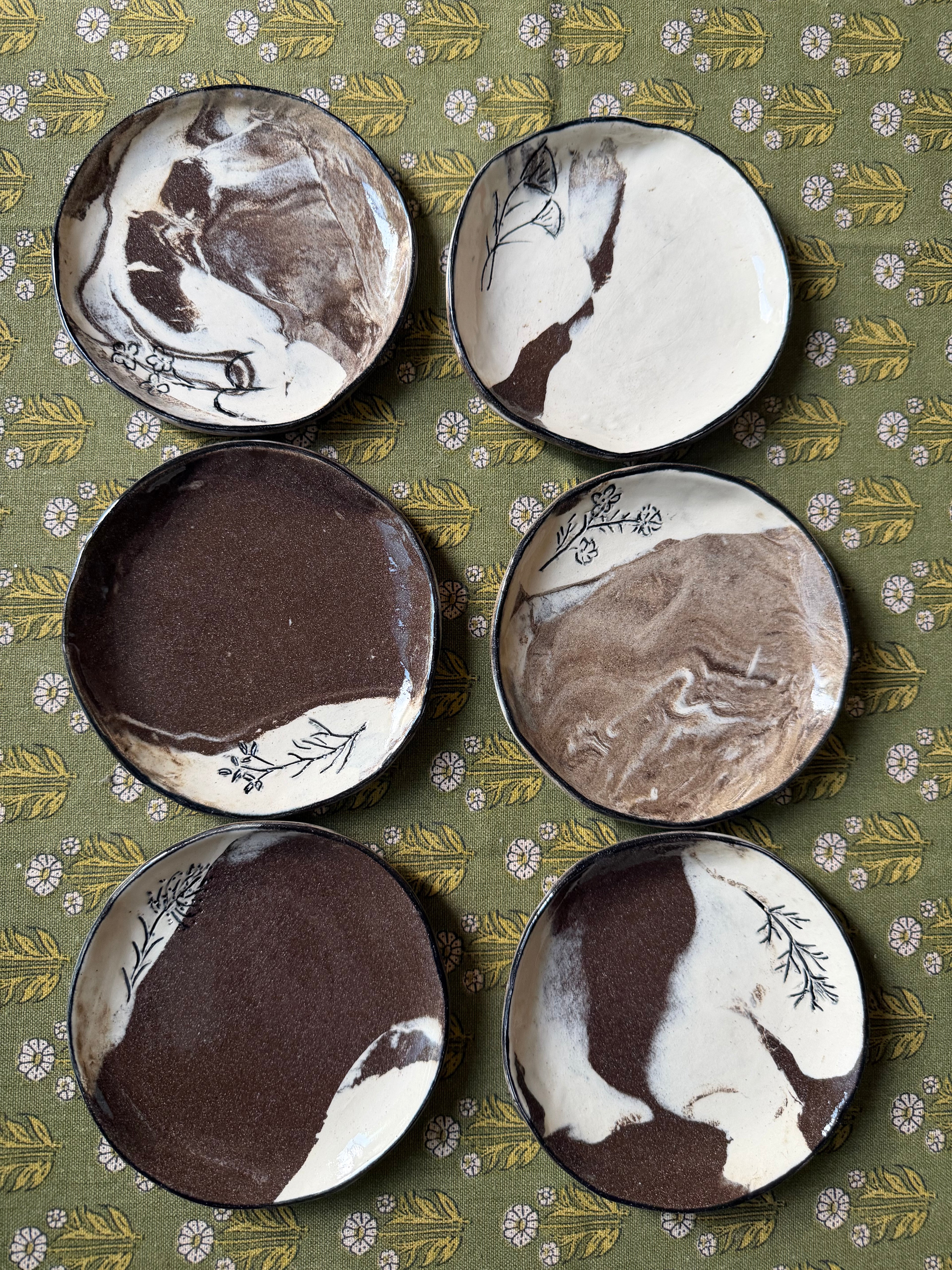 Handmade Mixed Clay Serving Platter, Cheese Board & 6 Snack Plates Set | Abstract Ceramic