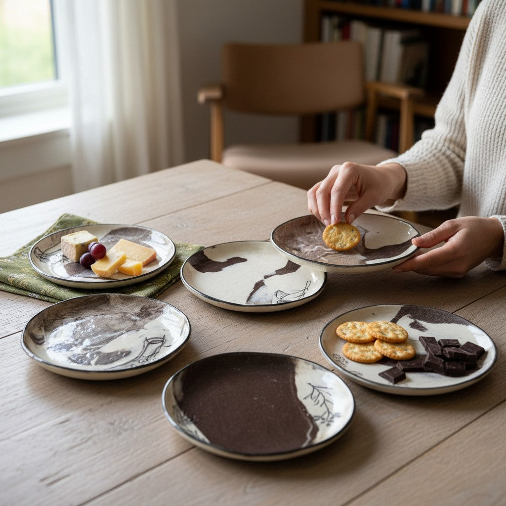 Handmade Mixed Clay Serving Platter, Cheese Board & 6 Snack Plates Set | Abstract Ceramic