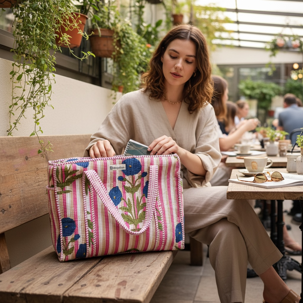 Blue Botanical Quilted Cotton Tote Bag | Floral Block Print | 18x18