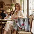 Red Poppy Quilted Cotton Tote Bag | Navy Stripe Block Print | 18x18
