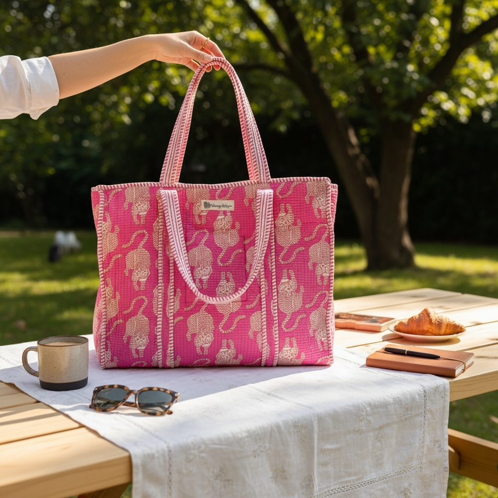 Pink Cheetah Quilted Cotton Tote Bag | Block Print | 18x18