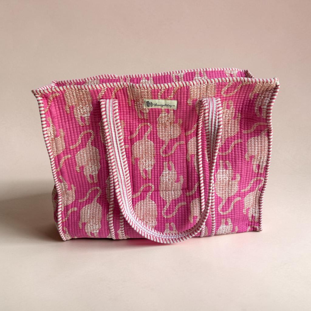 Pink Cheetah Quilted Cotton Tote Bag | Block Print | 18x18
