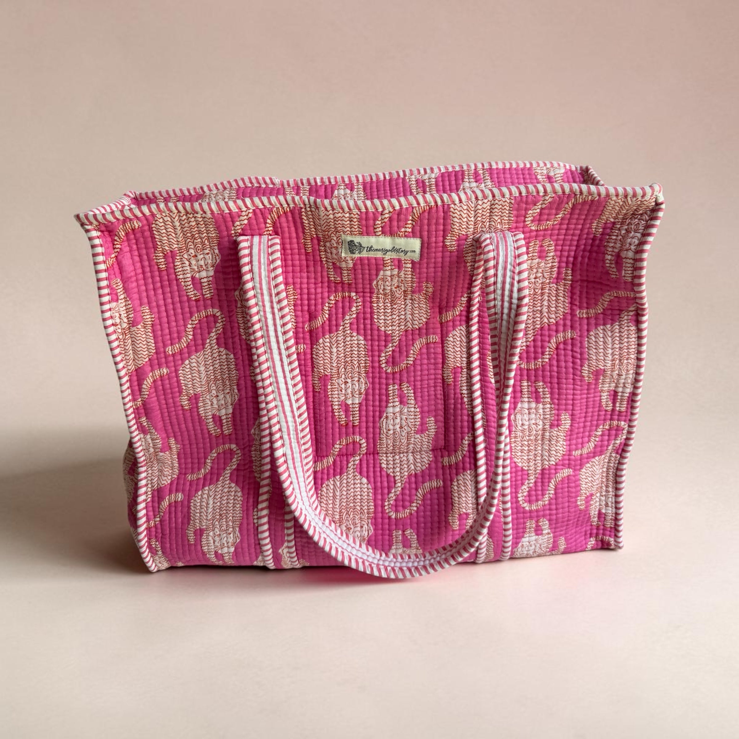 Pink Cheetah Quilted Cotton Tote Bag | Block Print | 18x18