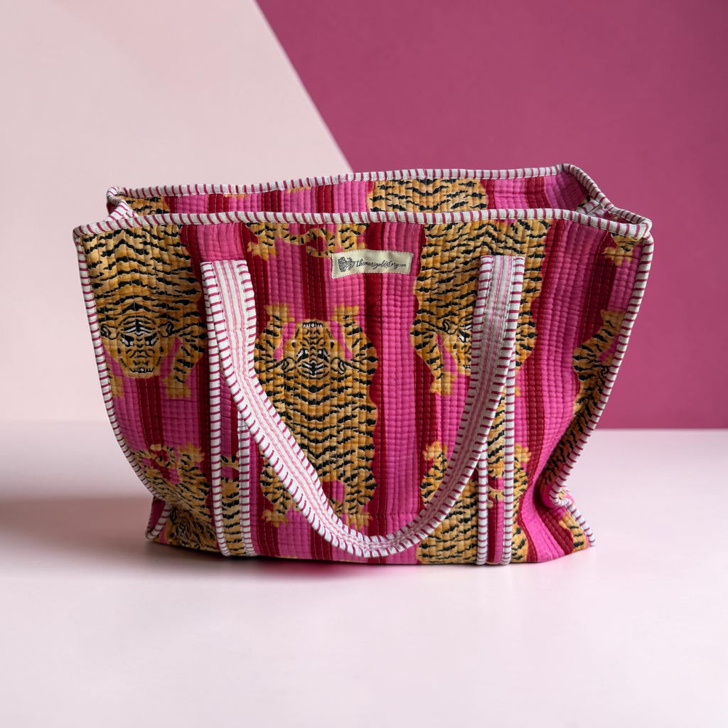 Pink Tiger Quilted Cotton Tote Bag | Block Print | 18x18