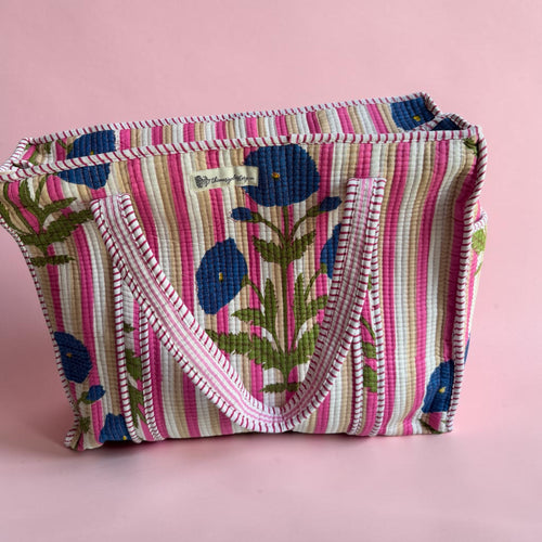 Blue Botanical Quilted Cotton Tote Bag | Floral Block Print | 18x18