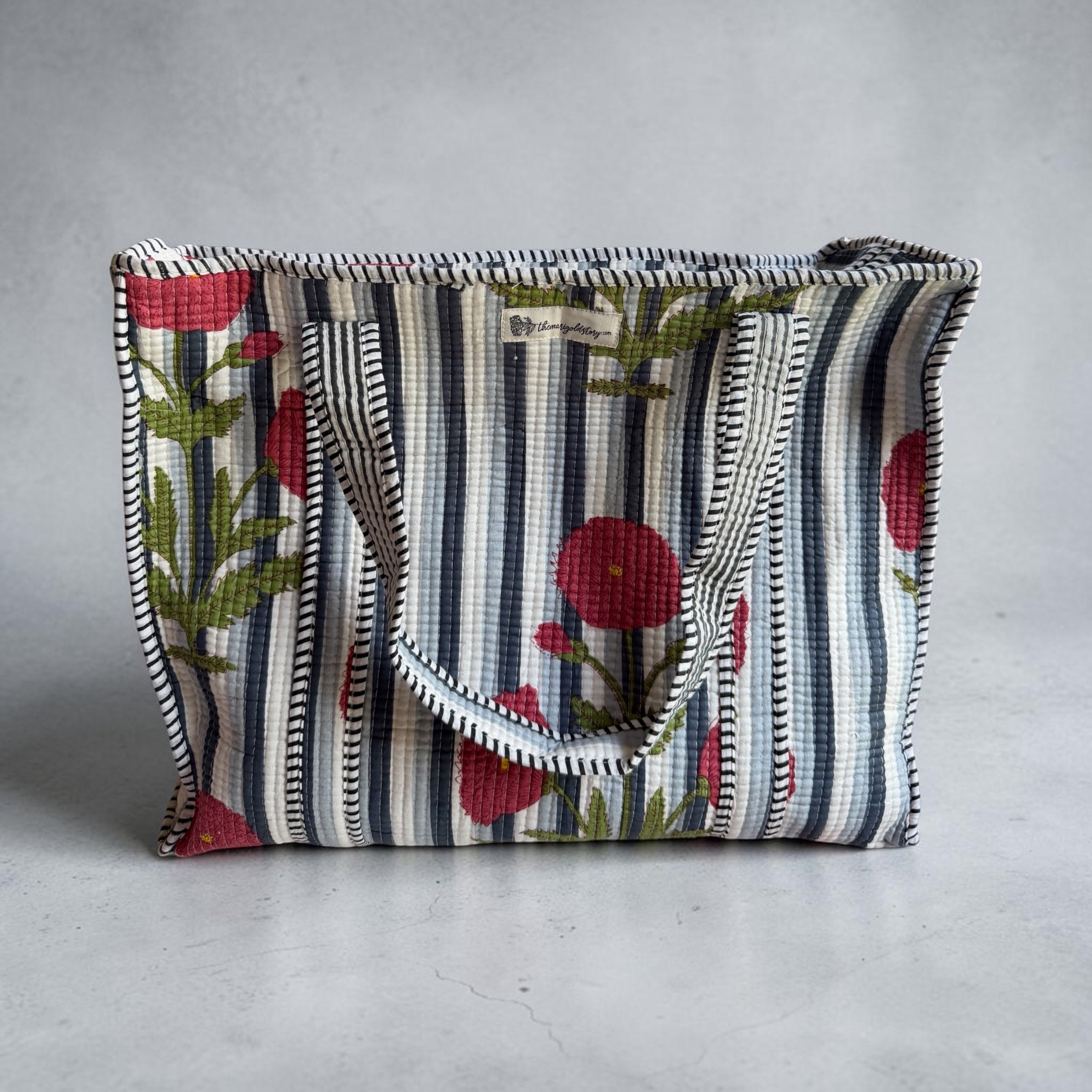 Red Poppy Quilted Cotton Tote Bag | Navy Stripe Block Print | 18x18
