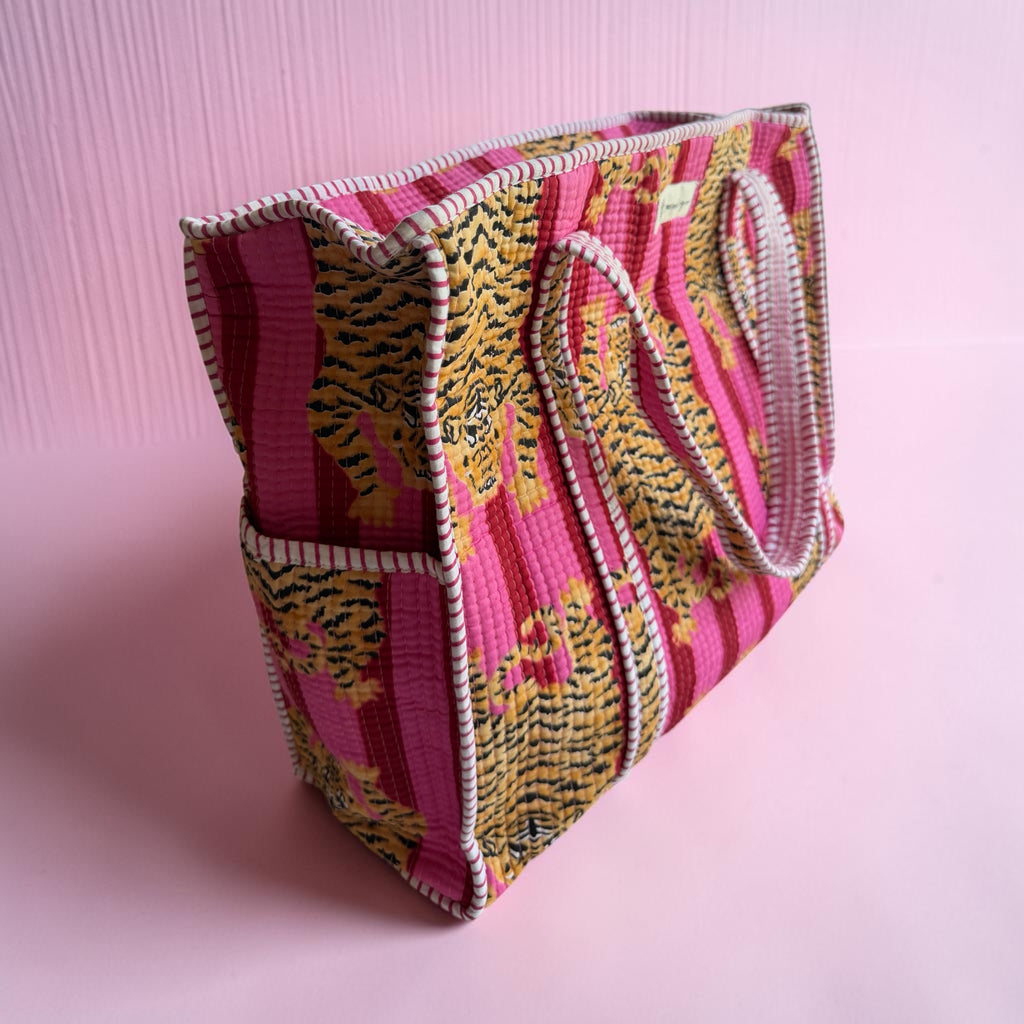 Pink Tiger Quilted Cotton Tote Bag | Block Print | 18x18