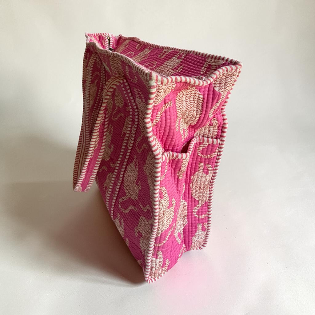 Pink Cheetah Quilted Cotton Tote Bag | Block Print | 18x18