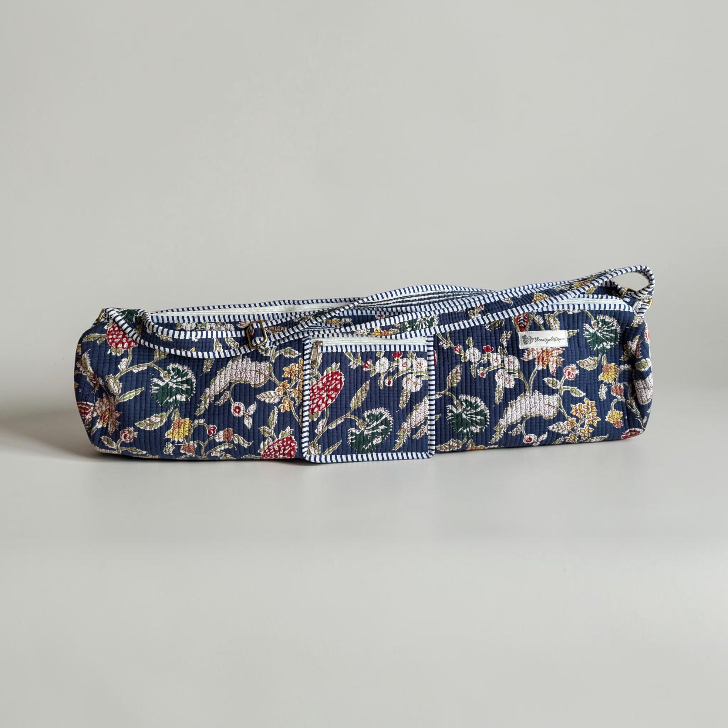 Navy Garden Floral Quilted Yoga Mat Bag | Block Print Cotton | The Marigold Story