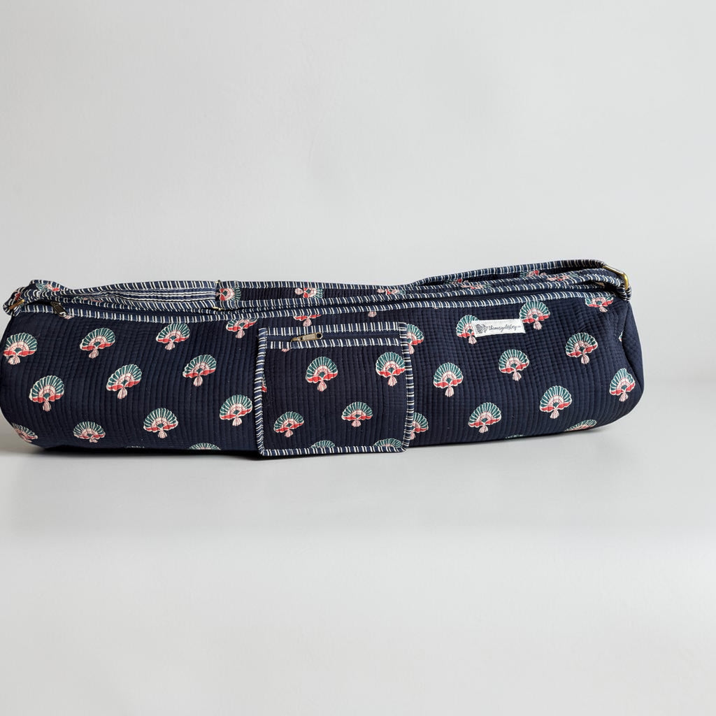 Navy Fan Motif Quilted Yoga Mat Bag | Block Print Cotton | The Marigold Story