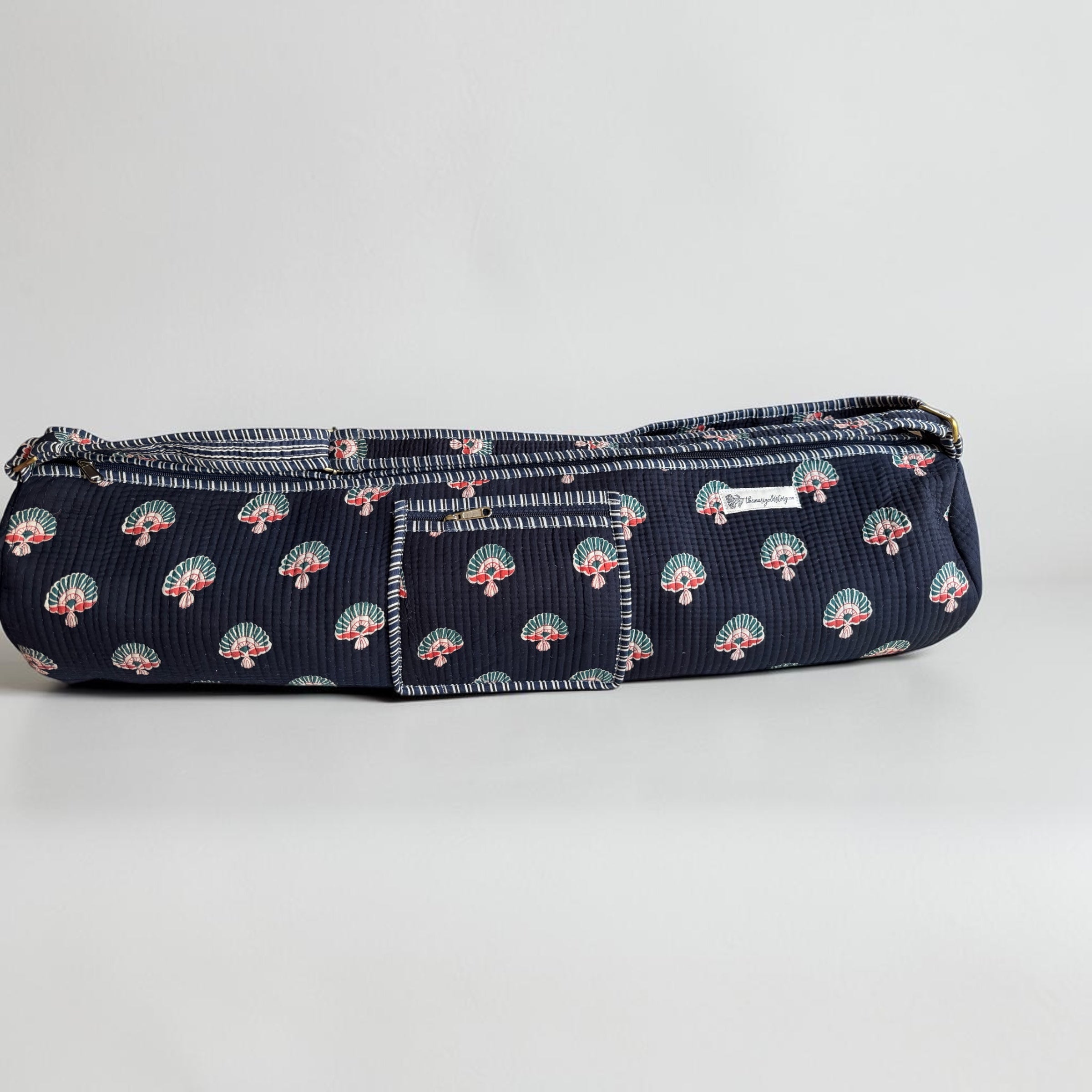 Navy Fan Motif Quilted Yoga Mat Bag | Block Print Cotton | The Marigold Story