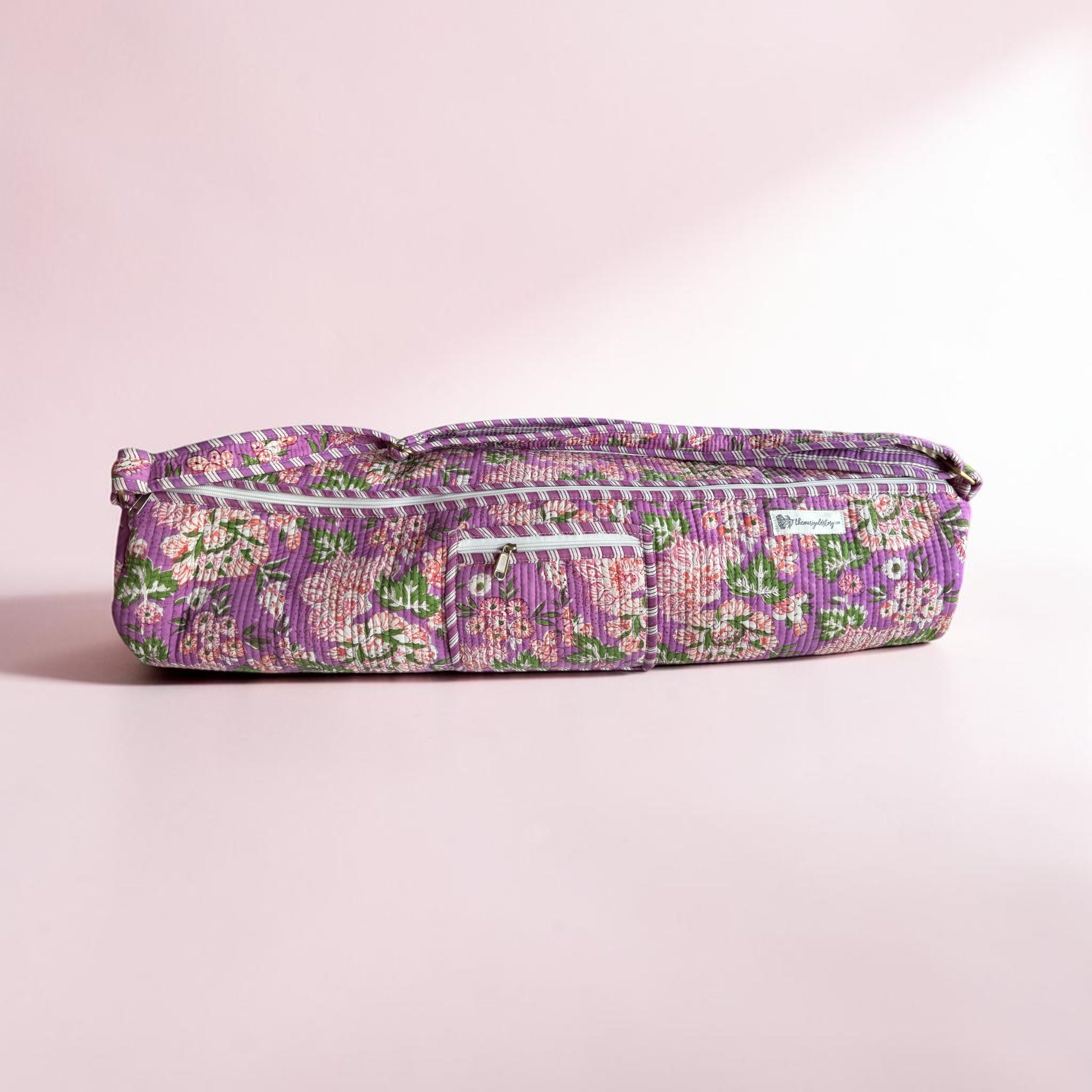 Purple Blossom Quilted Yoga Mat Bag | Block Print Cotton | The Marigold Story