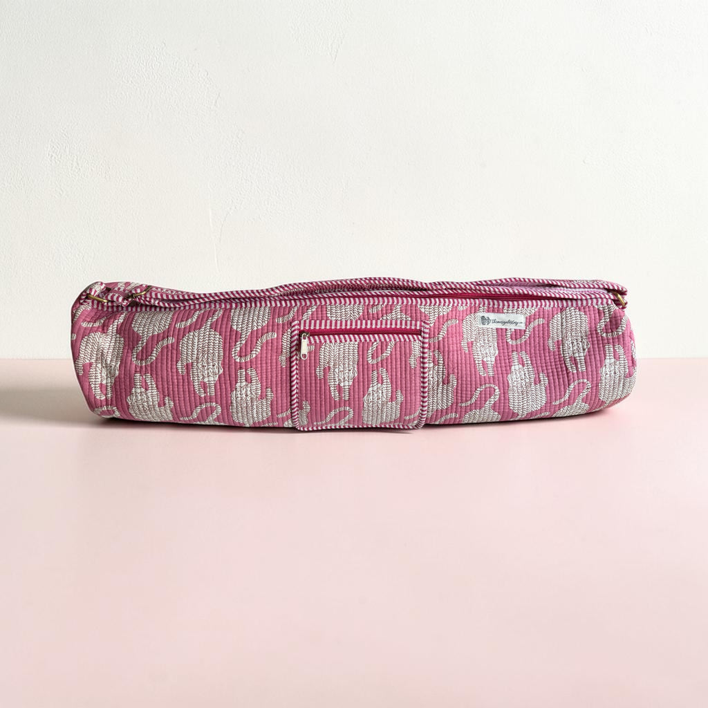 Pink Cat Print Quilted Yoga Mat Bag | Block Print Cotton | The Marigold Story