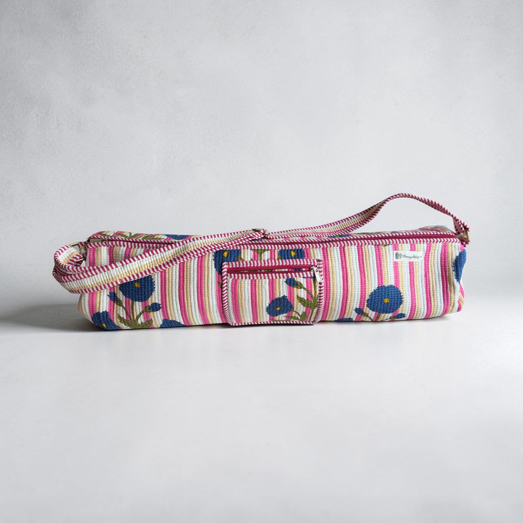 Cream Stripe Blue Floral Quilted Yoga Mat Bag | Block Print Cotton | The Marigold Story