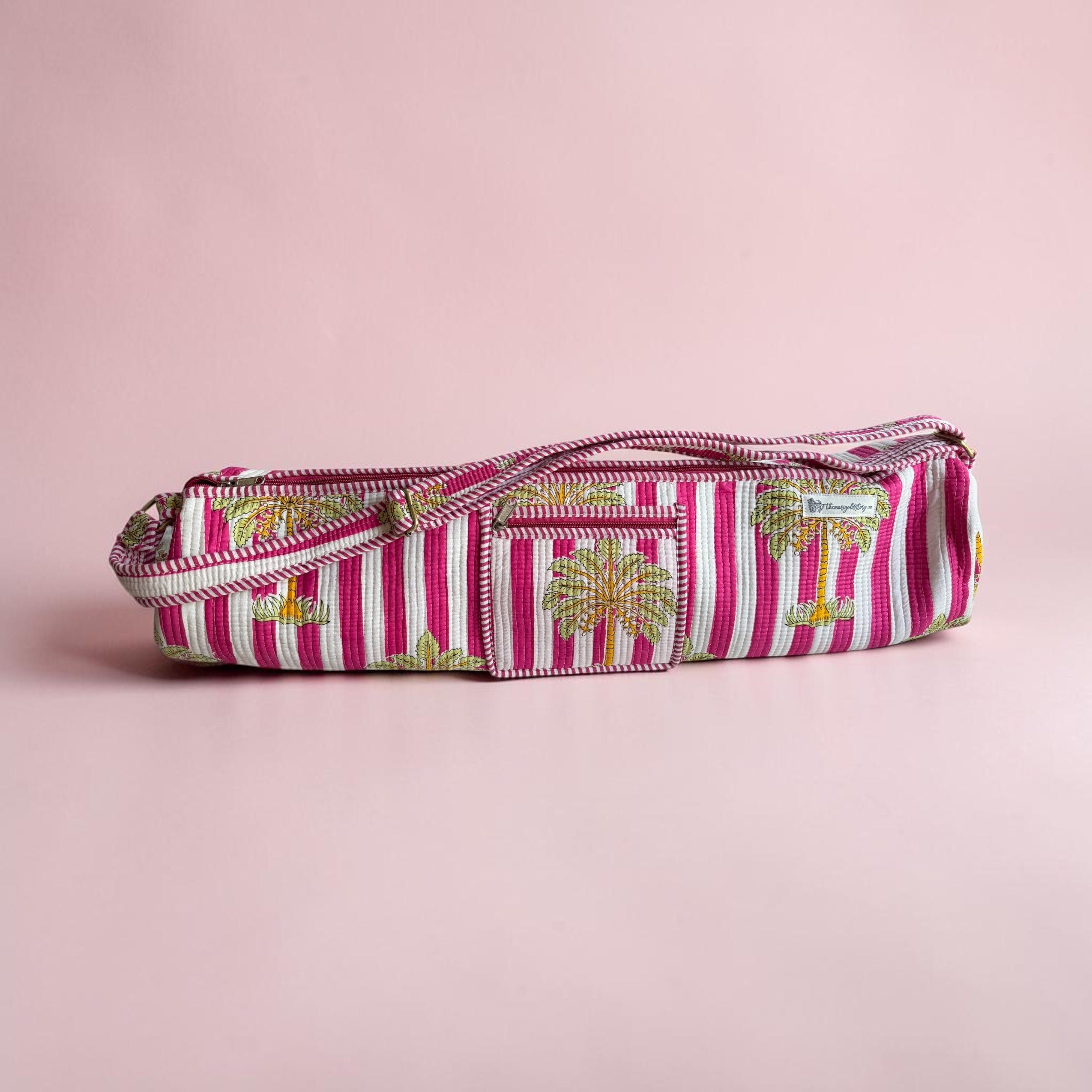 Pink Palm Stripe Quilted Yoga Mat Bag | Block Print Cotton | The Marigold Story