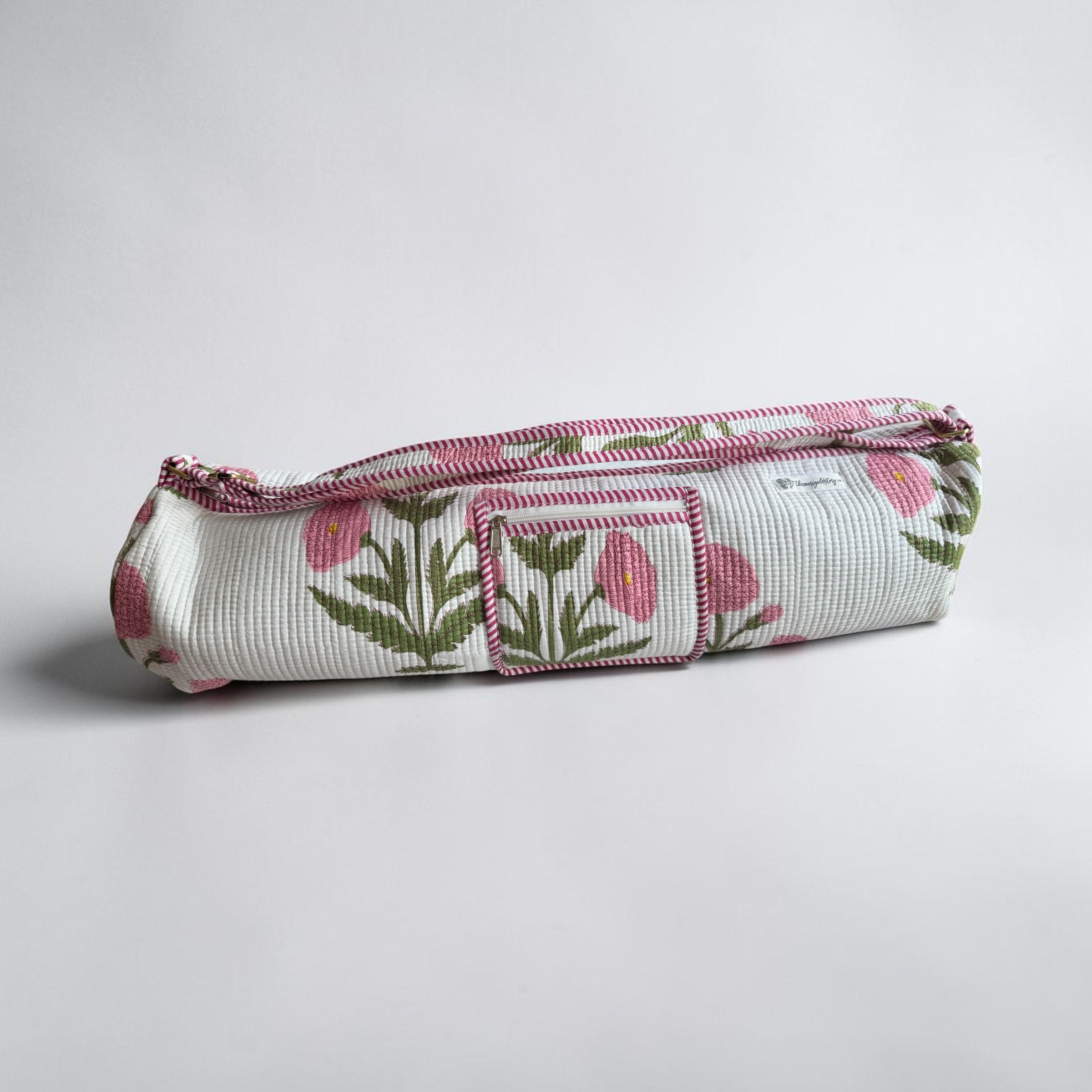 White Peony Floral Quilted Yoga Mat Bag | Block Print Cotton | The Marigold Story