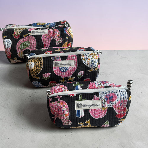 Black Rooster Festival Block Print Quilted Pouch | 100% Cotton | The Marigold Story