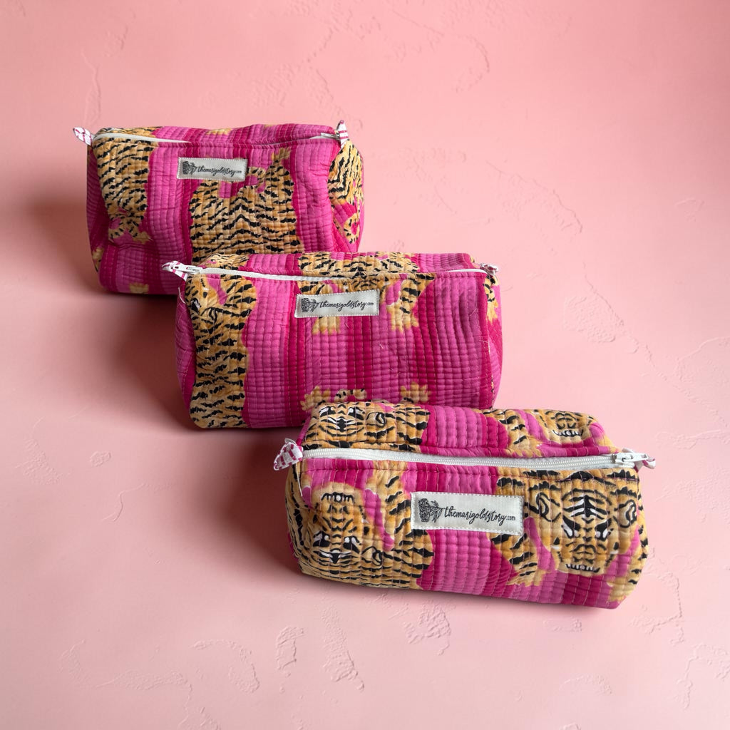Pink Tiger Block Print Quilted Pouch | 100% Cotton | The Marigold Story