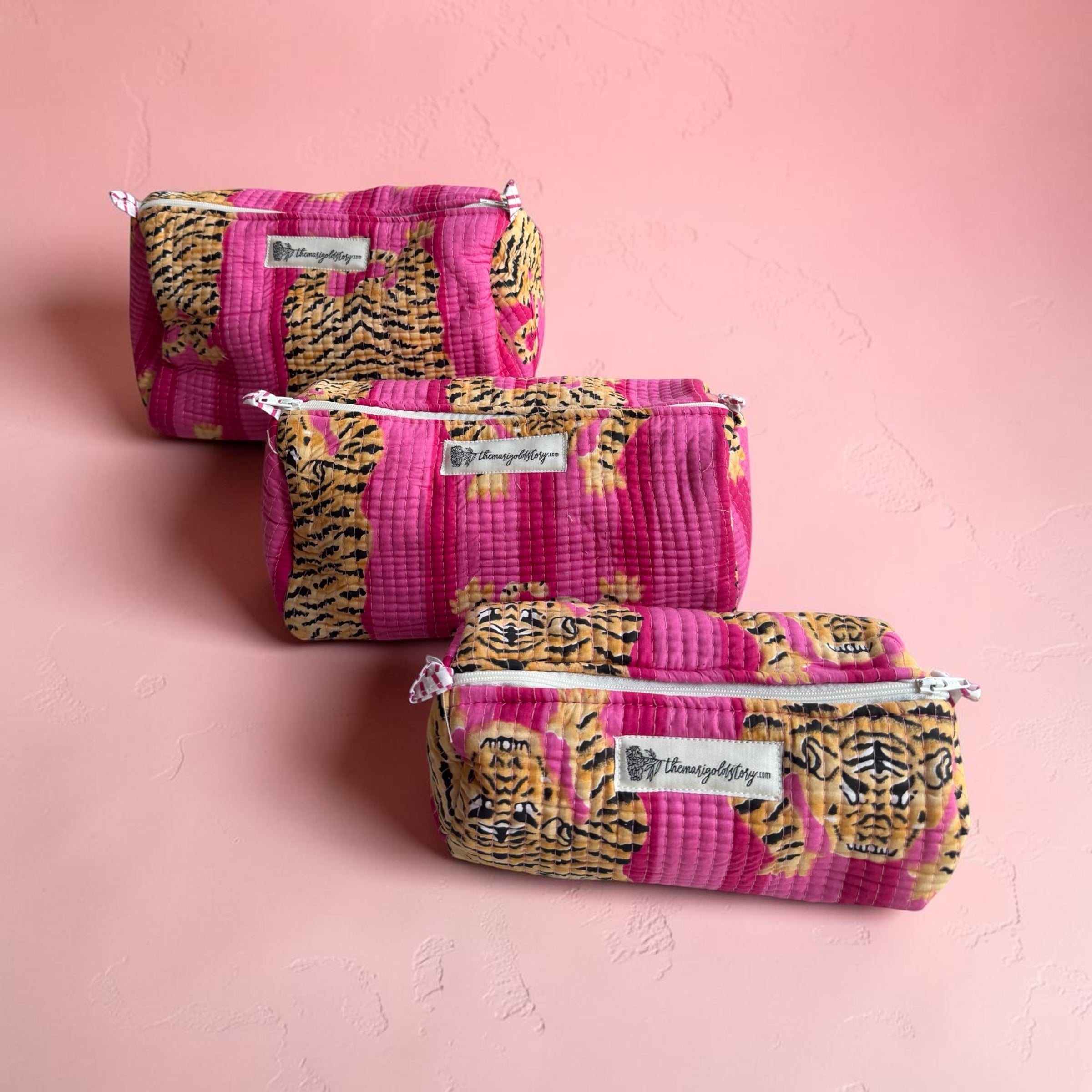 Pink Tiger Block Print Quilted Pouch | 100% Cotton | The Marigold Story