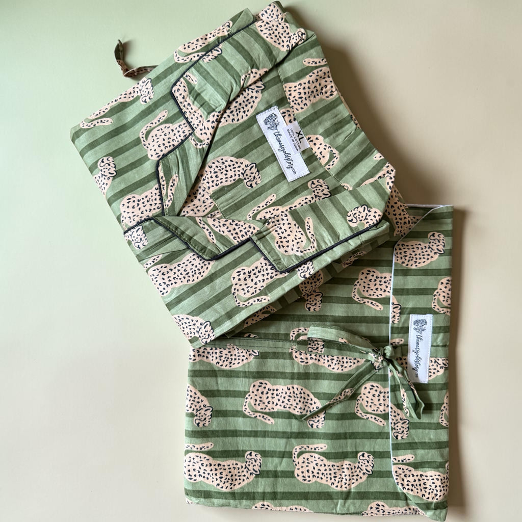 Green Leopard Stripe Cotton Pyjama Set | Hand Block Print | The Marigold Story
