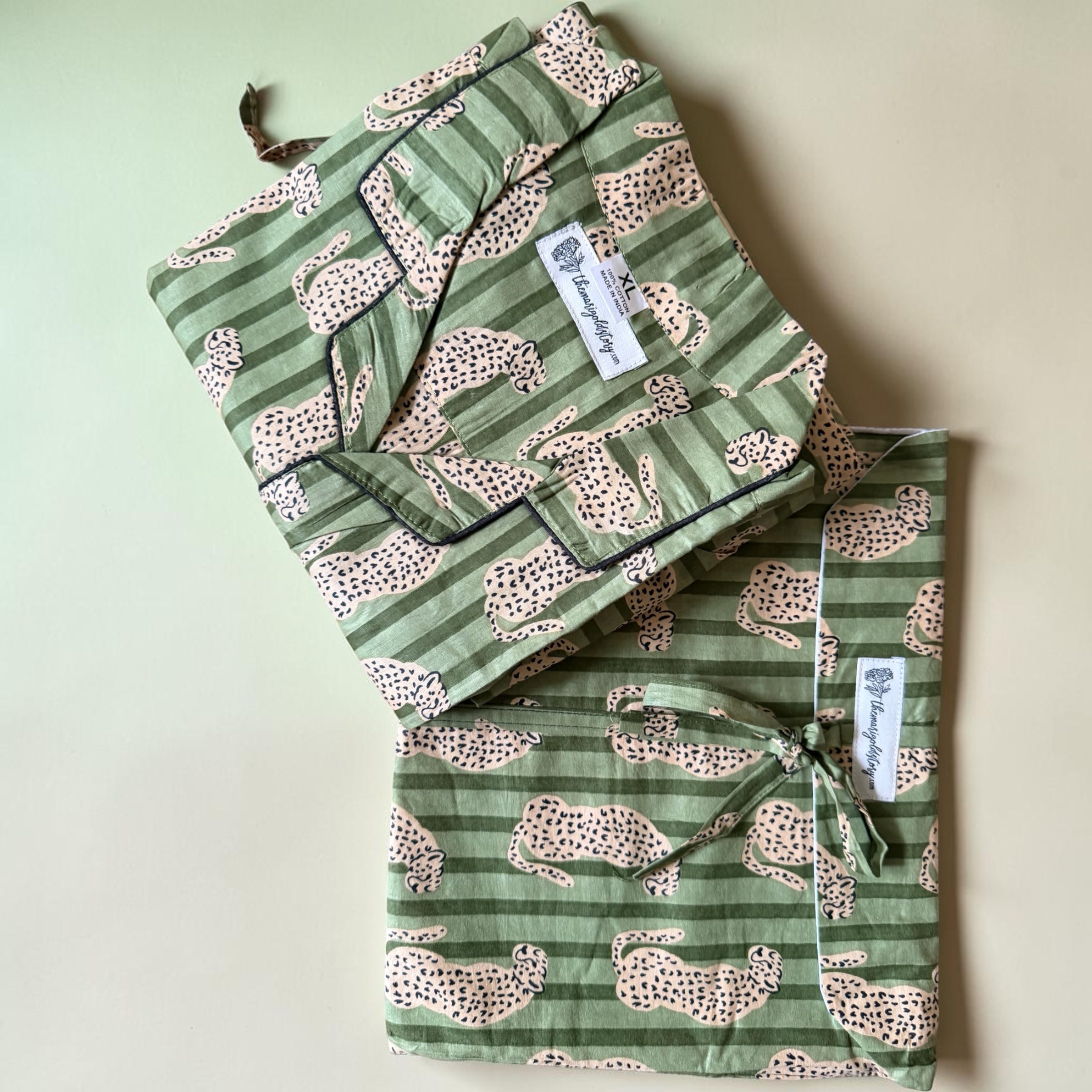 Green Leopard Stripe Cotton Pyjama Set | Hand Block Print | The Marigold Story