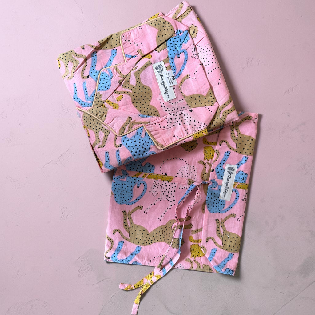 Pink Wild Cat Cotton Pyjama Set | Hand Block Print | The Marigold Story