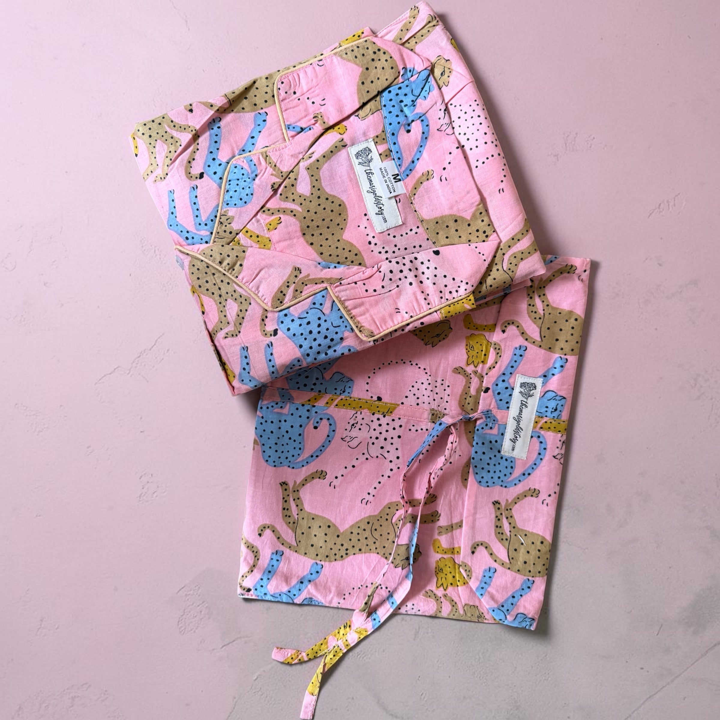 Pink Wild Cat Cotton Pyjama Set | Hand Block Print | The Marigold Story
