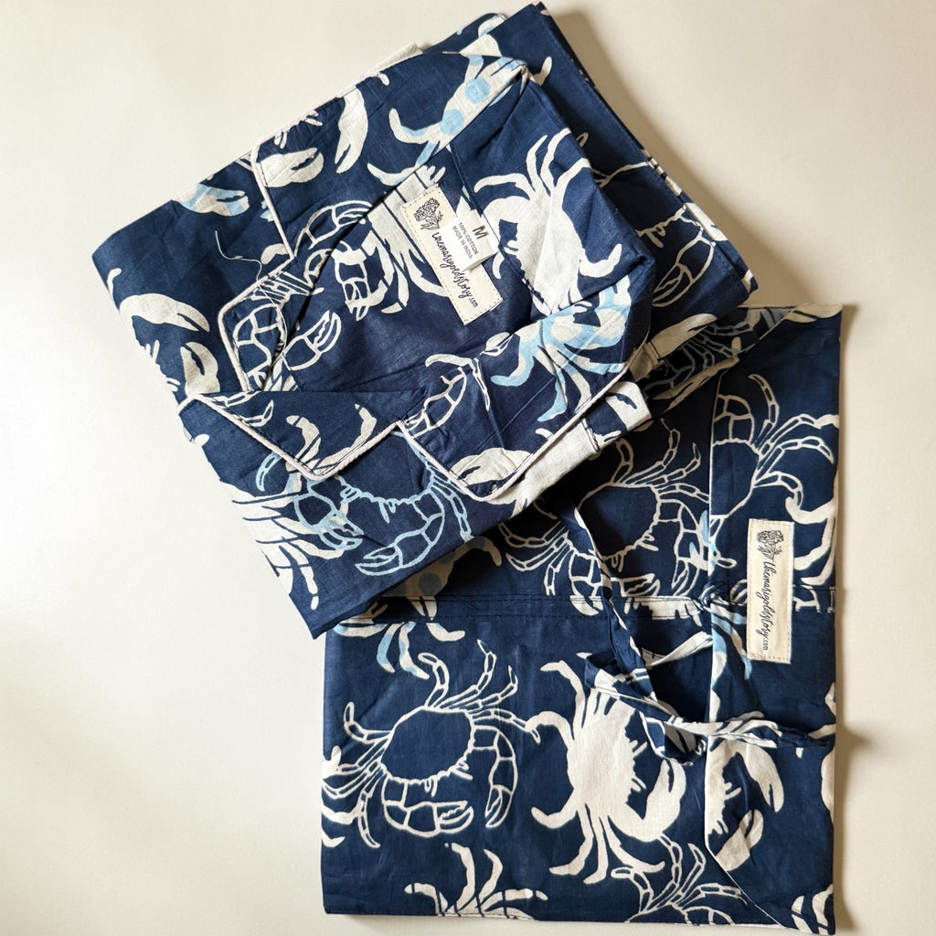 Navy Crab Print Cotton Pyjama Set | Hand Block Print | The Marigold Story