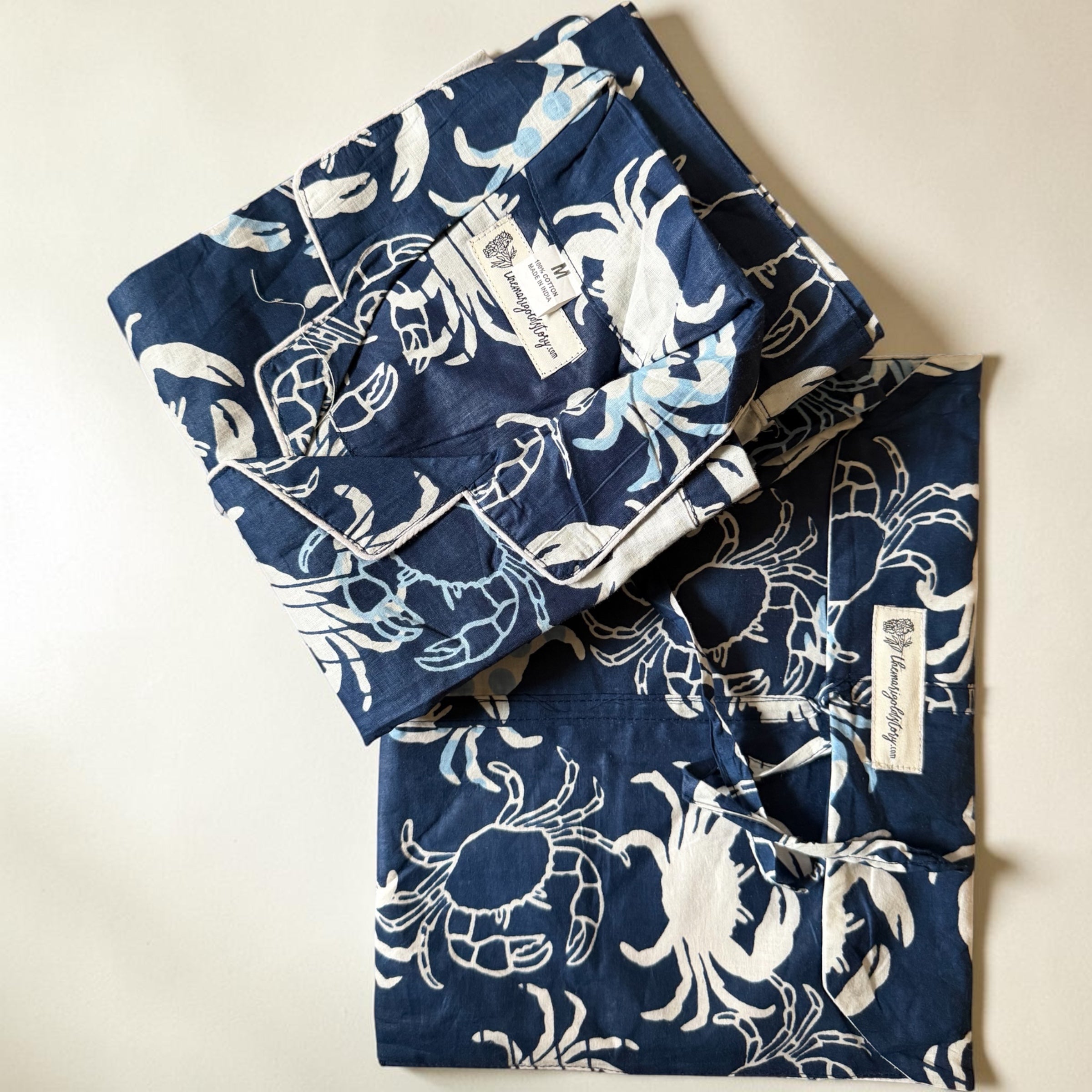 Navy Crab Print Cotton Pyjama Set | Hand Block Print | The Marigold Story