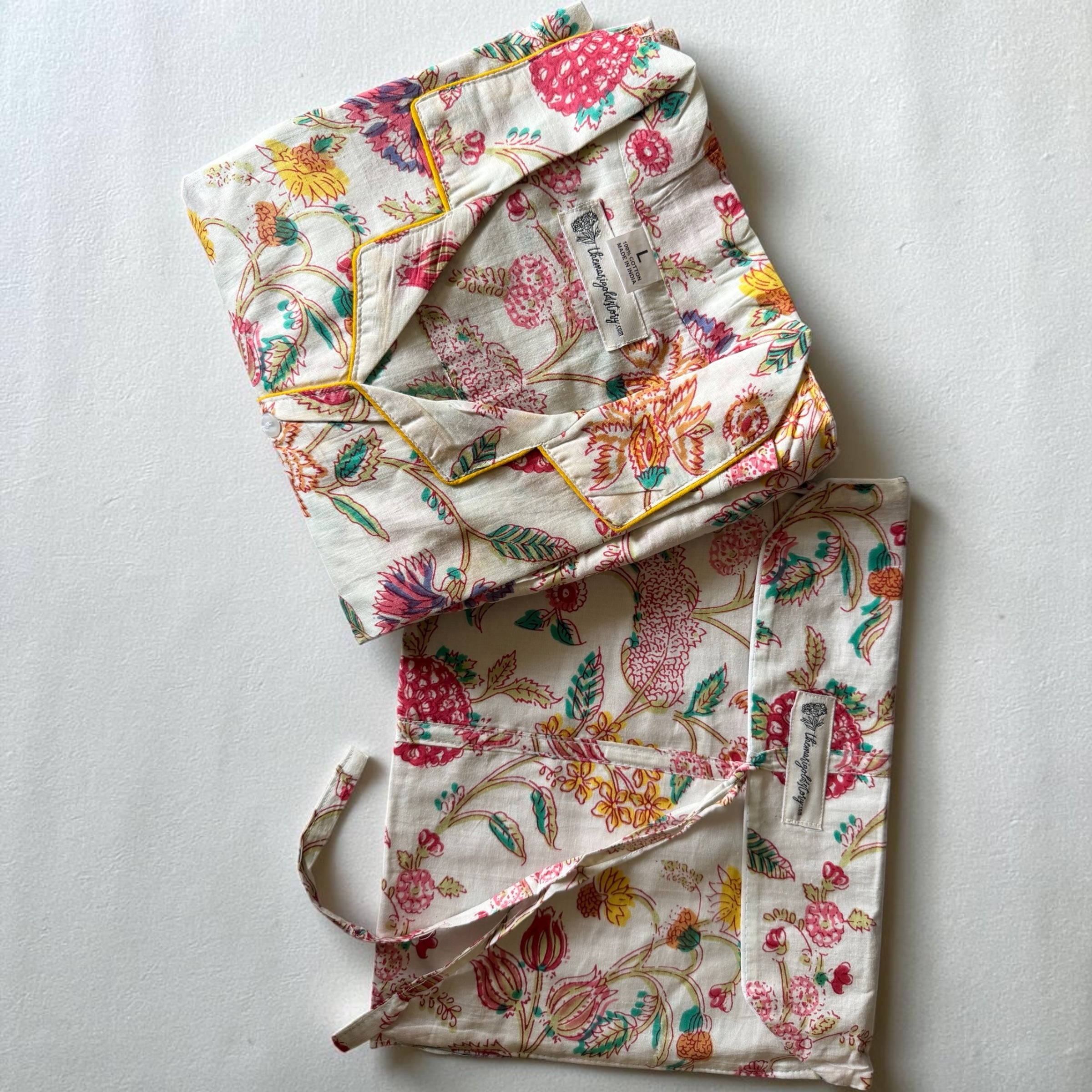 Ivory Botanical Floral Cotton Pyjama Set | Hand Block Print | The Marigold Story