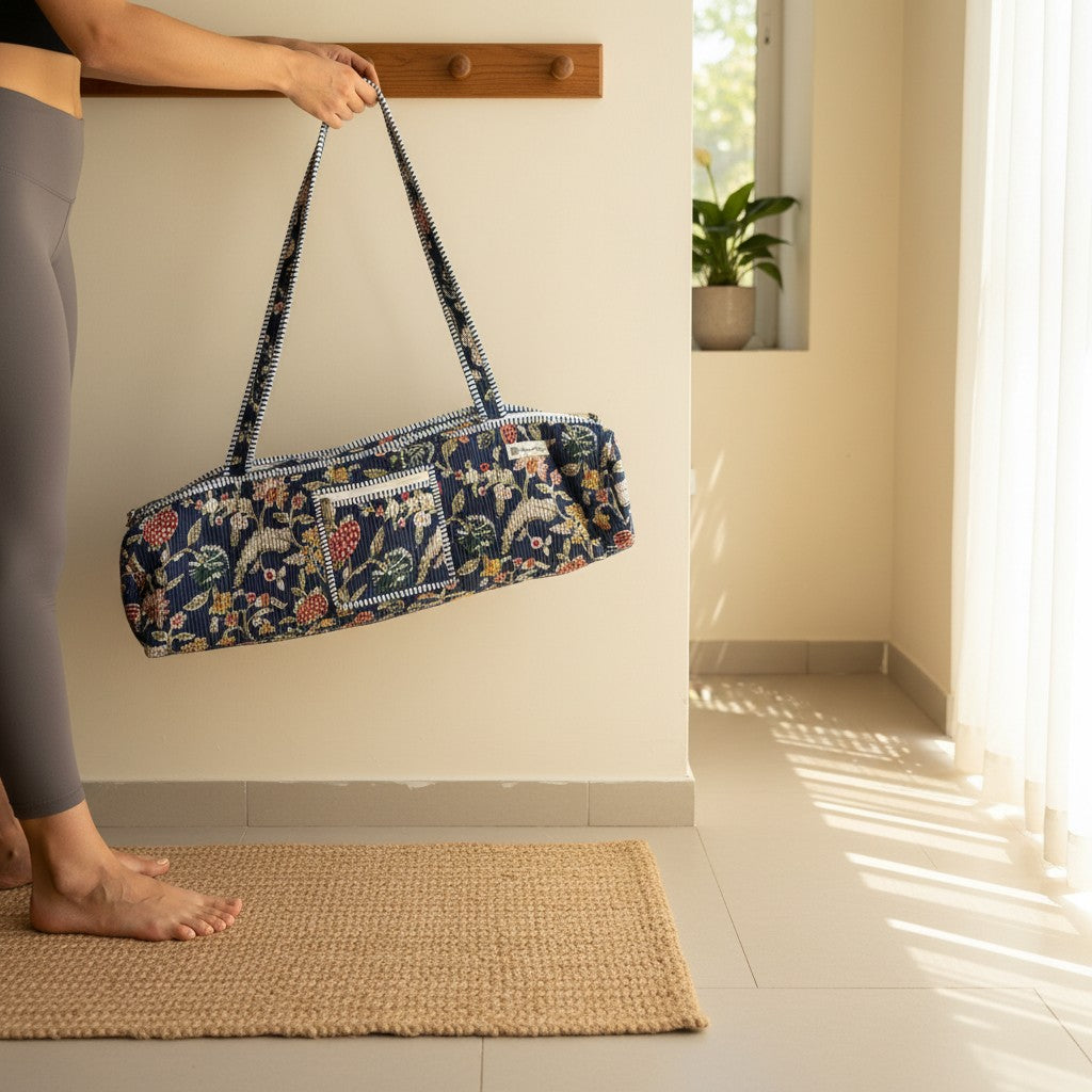 Navy Garden Floral Quilted Yoga Mat Bag | Block Print Cotton | The Marigold Story